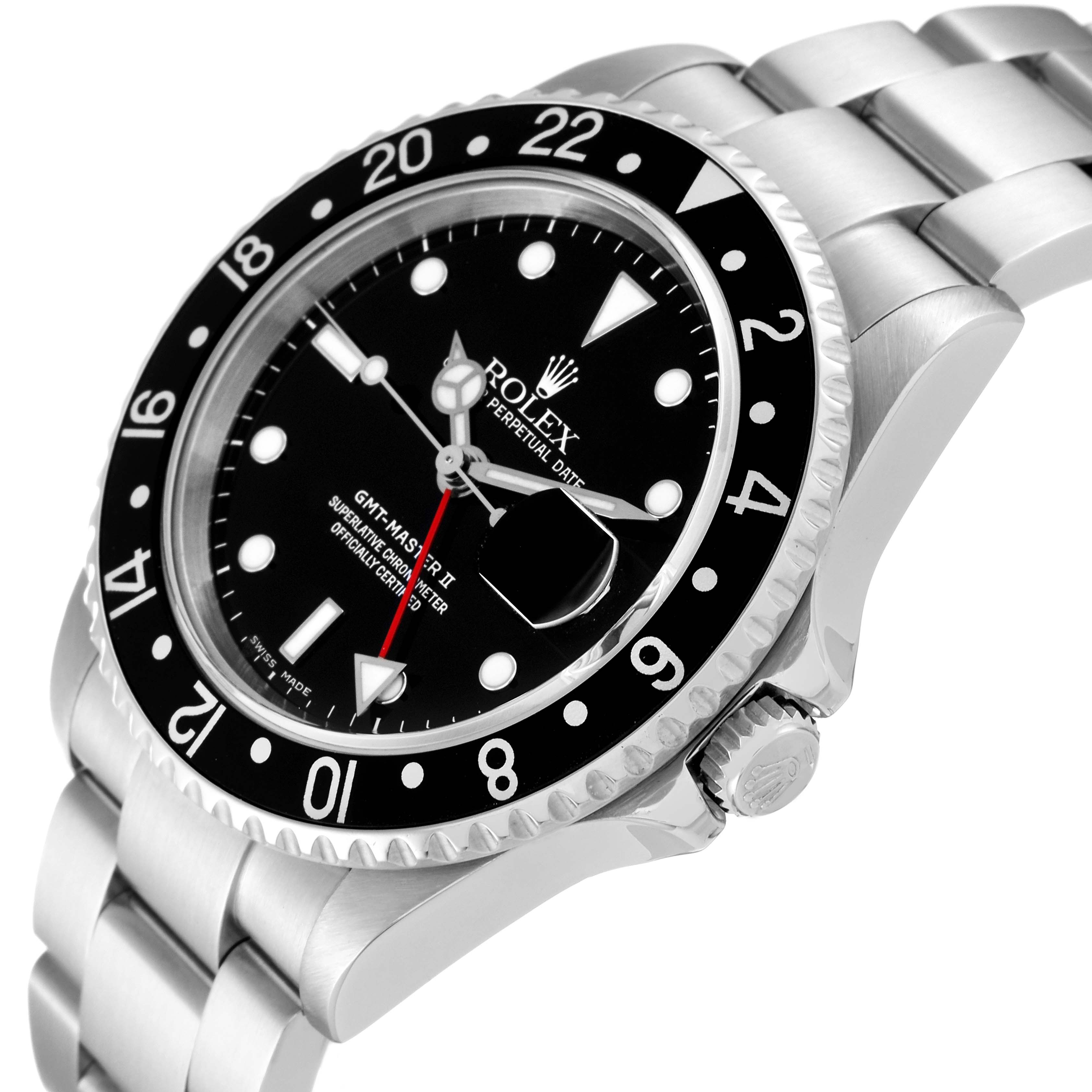 The image shows a Rolex GMT-Master M16710LN Men
s Stainless Steel Black Dial M16710LN Men
s Stainless Steel Black Dial II watch from a three-quarter angle, highlighting its dial, bezel, crown, and bracelet.