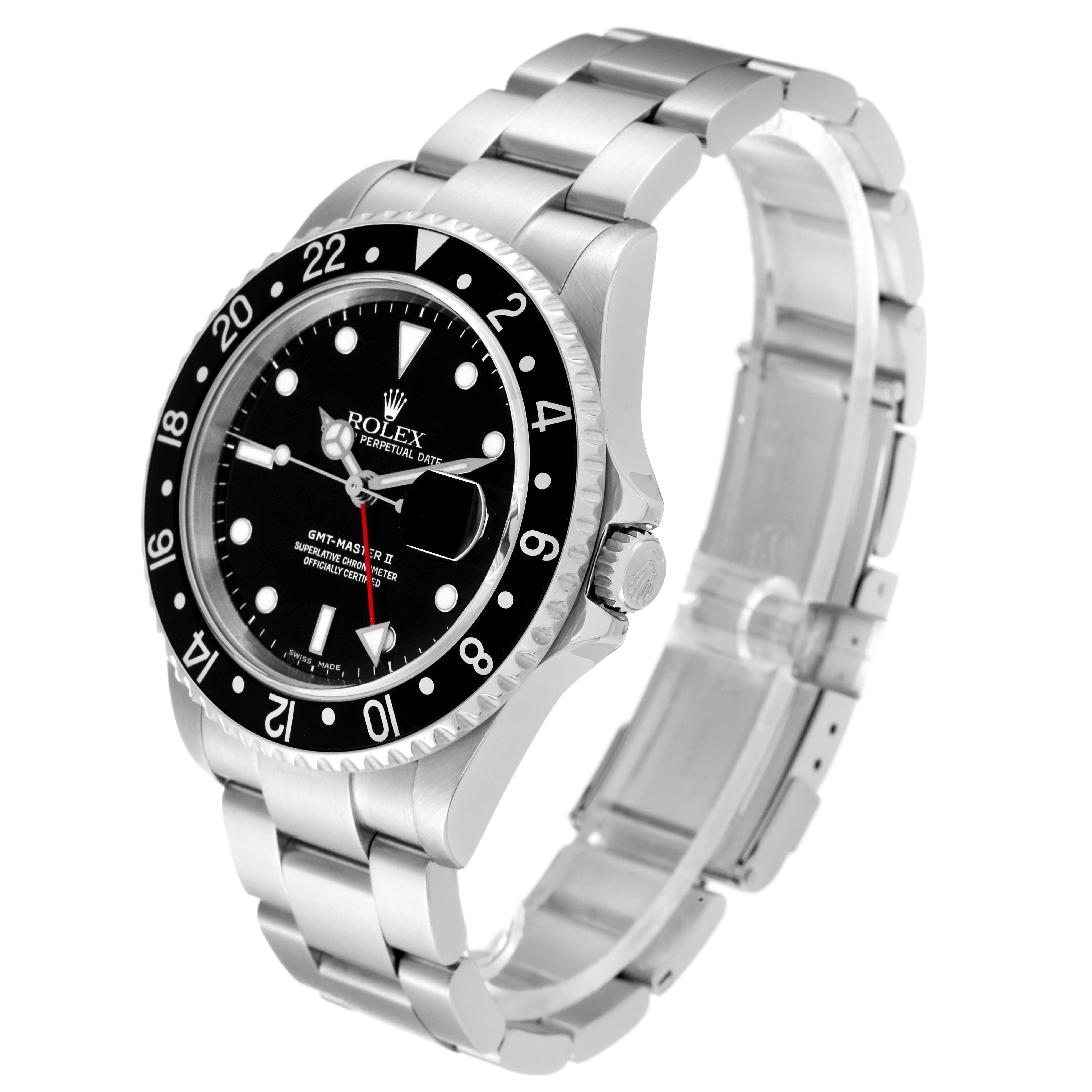 The image shows a Rolex GMT-Master M16710LN Men
s Stainless Steel Black Dial M16710LN Men
s Stainless Steel Black Dial watch at an angle slightly above and to the front, highlighting its face, bezel, and bracelet.