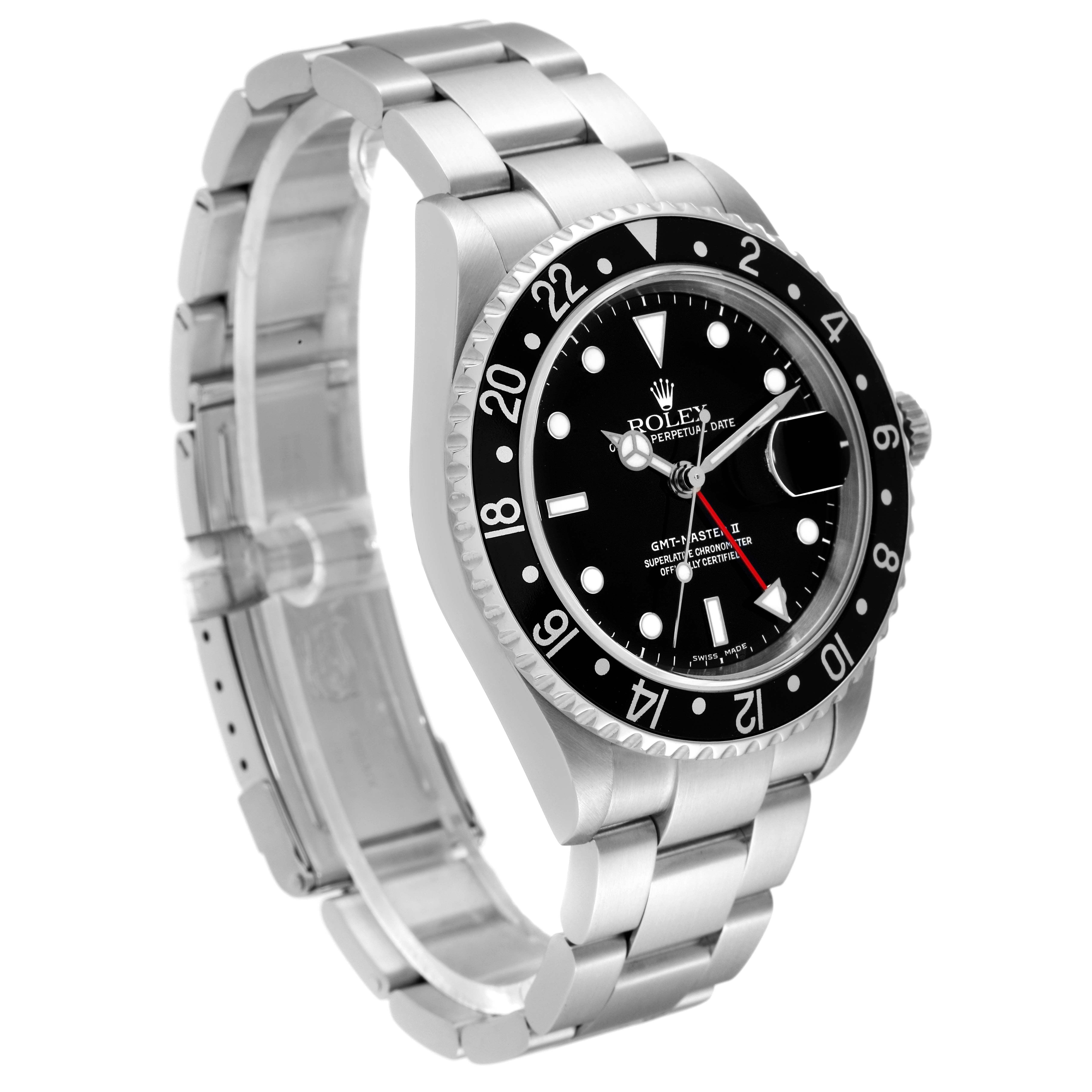 The image shows a side and front view of a Rolex GMT-Master M16710LN Men
s Stainless Steel Black Dial M16710LN Men
s Stainless Steel Black Dial watch, highlighting its bezel, dial, and bracelet.