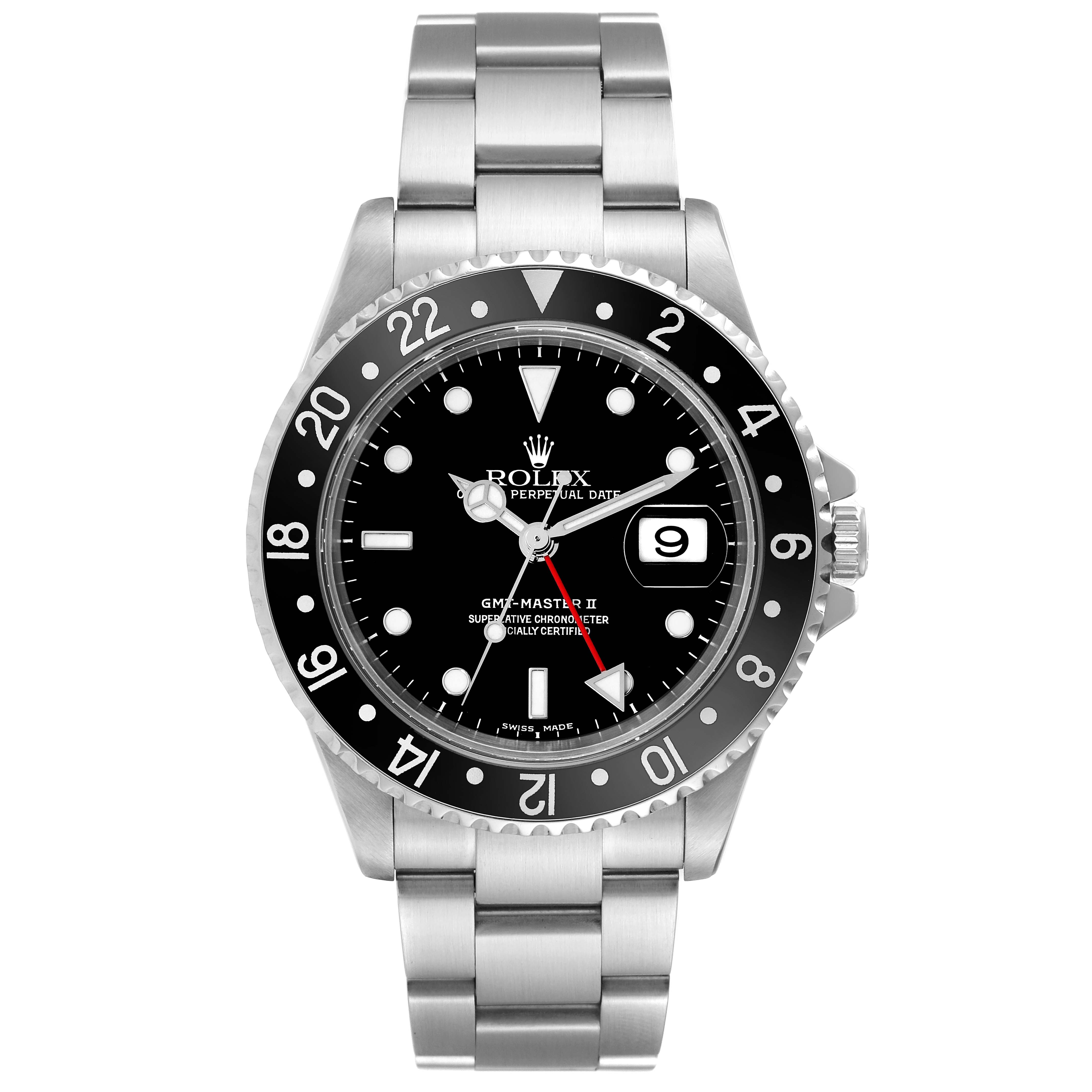 The image shows a front view of the Rolex GMT-Master M16710LN Men
s Stainless Steel Black Dial M16710LN Men
s Stainless Steel Black Dial II watch, highlighting its dial, bezel, and bracelet.