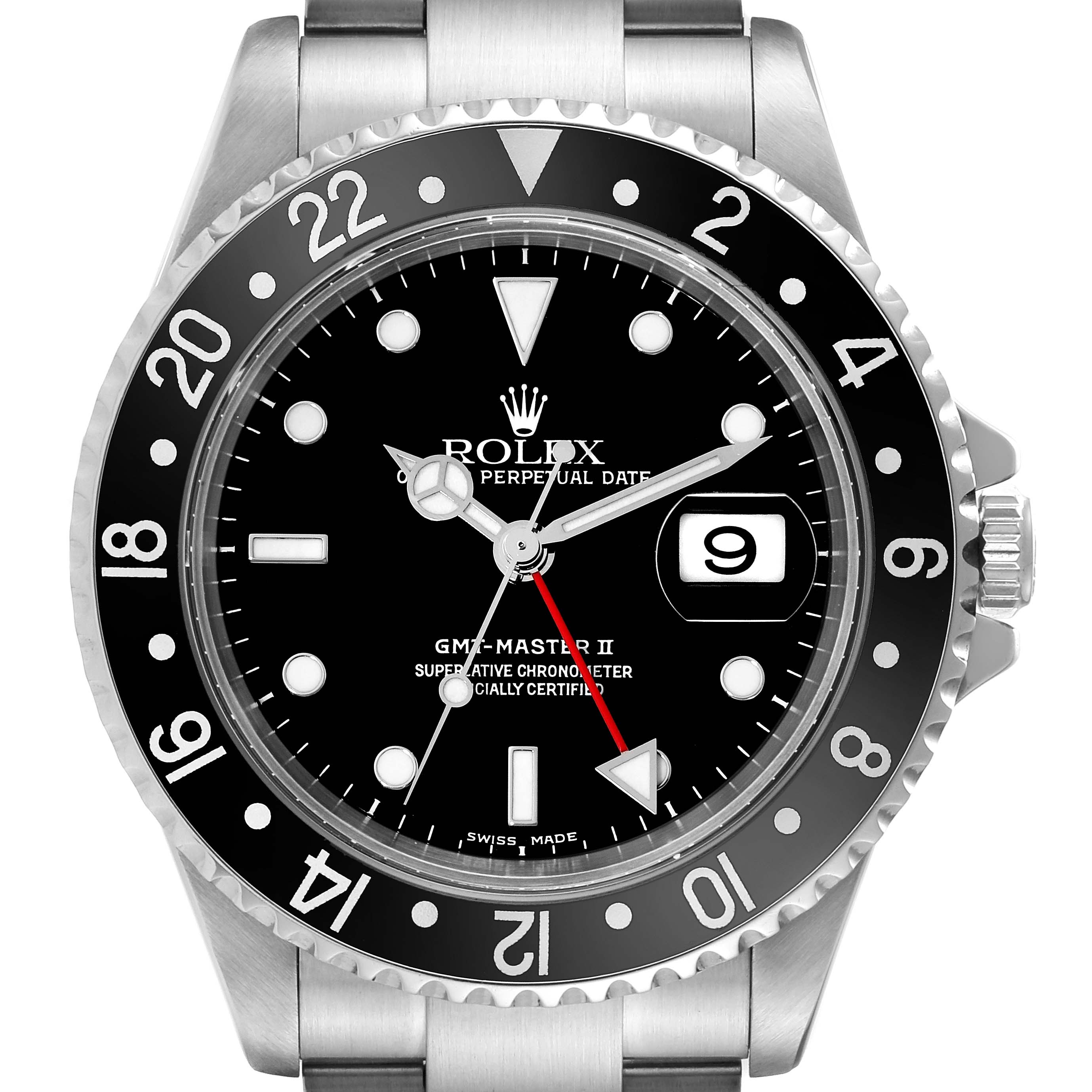 The Rolex GMT-Master M16710LN Men
s Stainless Steel Black Dial M16710LN Men
s Stainless Steel Black Dial II watch is shown from a front angle, displaying its dial, bezel, date window, and part of the bracelet.