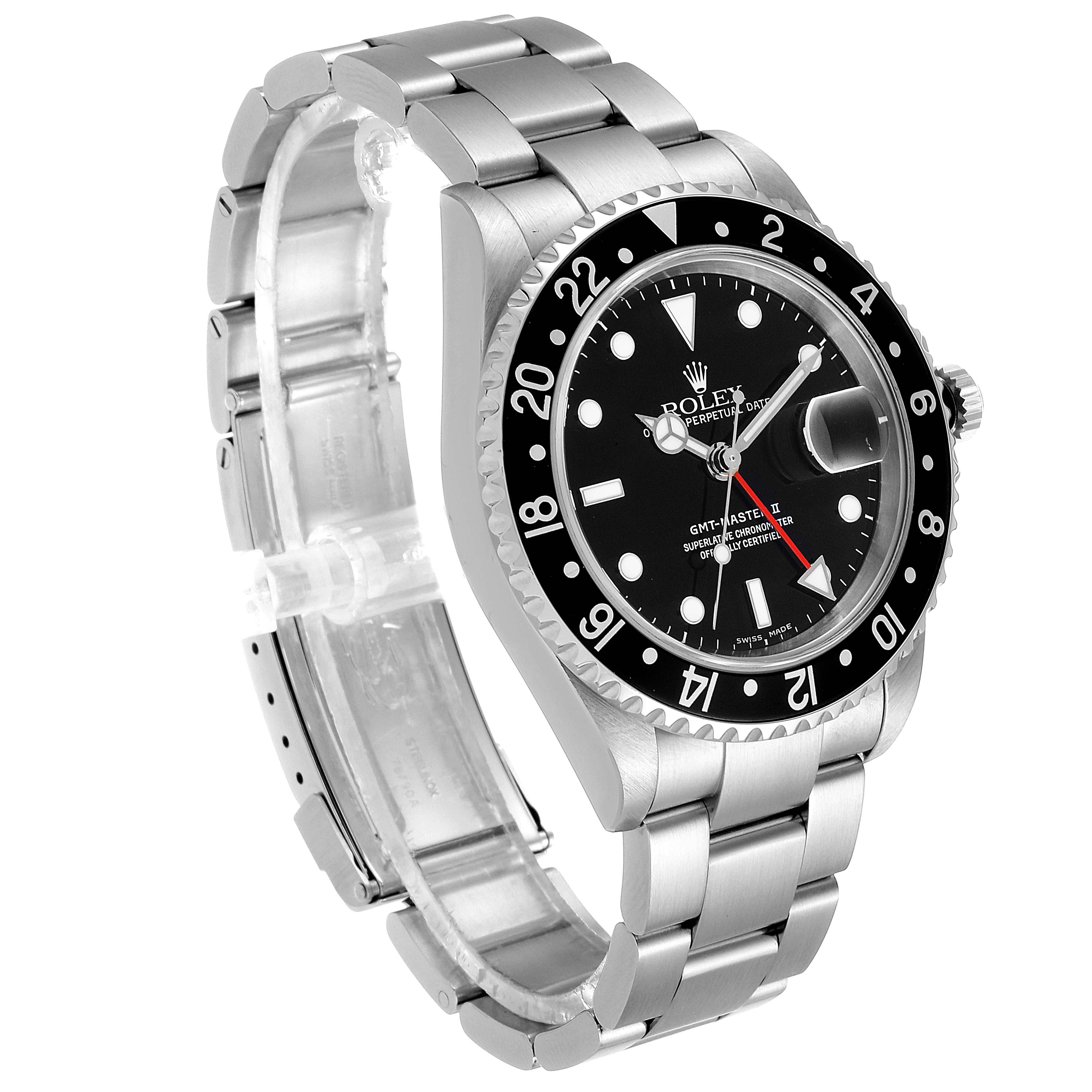 The image shows a side view of a Rolex GMT-Master 16710 Men
s Stainless Steel Black Dial 16710 Men
s Stainless Steel Black Dial watch, highlighting the bezel, dial, crown, and bracelet.