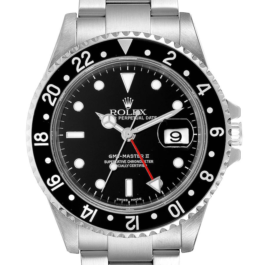 Rolex GMT Master II Black Bezel Red Hand Steel Mens Watch 16710 Box SwissWatchExpo