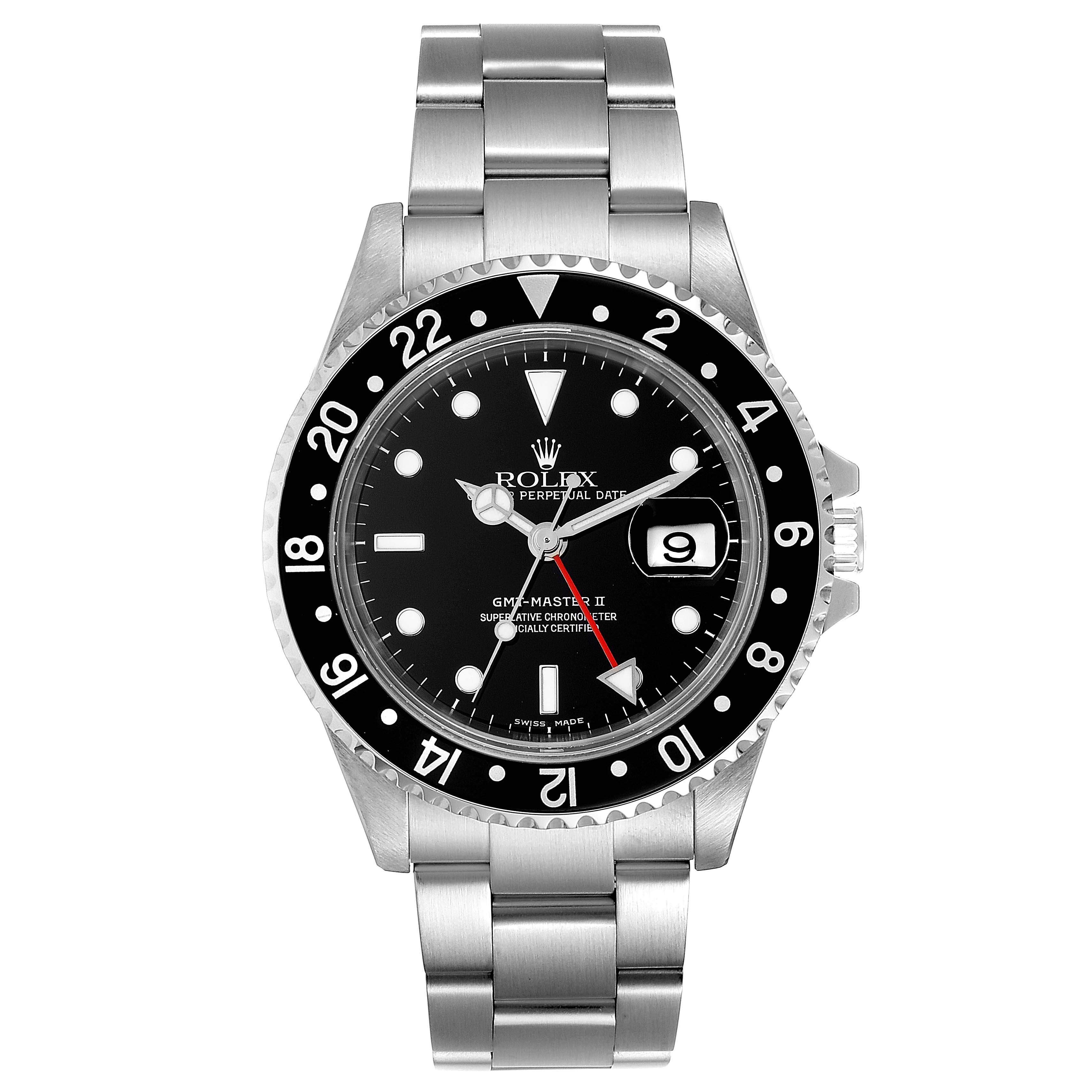 The image shows a Rolex GMT-Master 16710 Men
s Stainless Steel Black Dial 16710 Men
s Stainless Steel Black Dial II watch from a front view, detailing the bezel, dial, hands, date window, and bracelet.