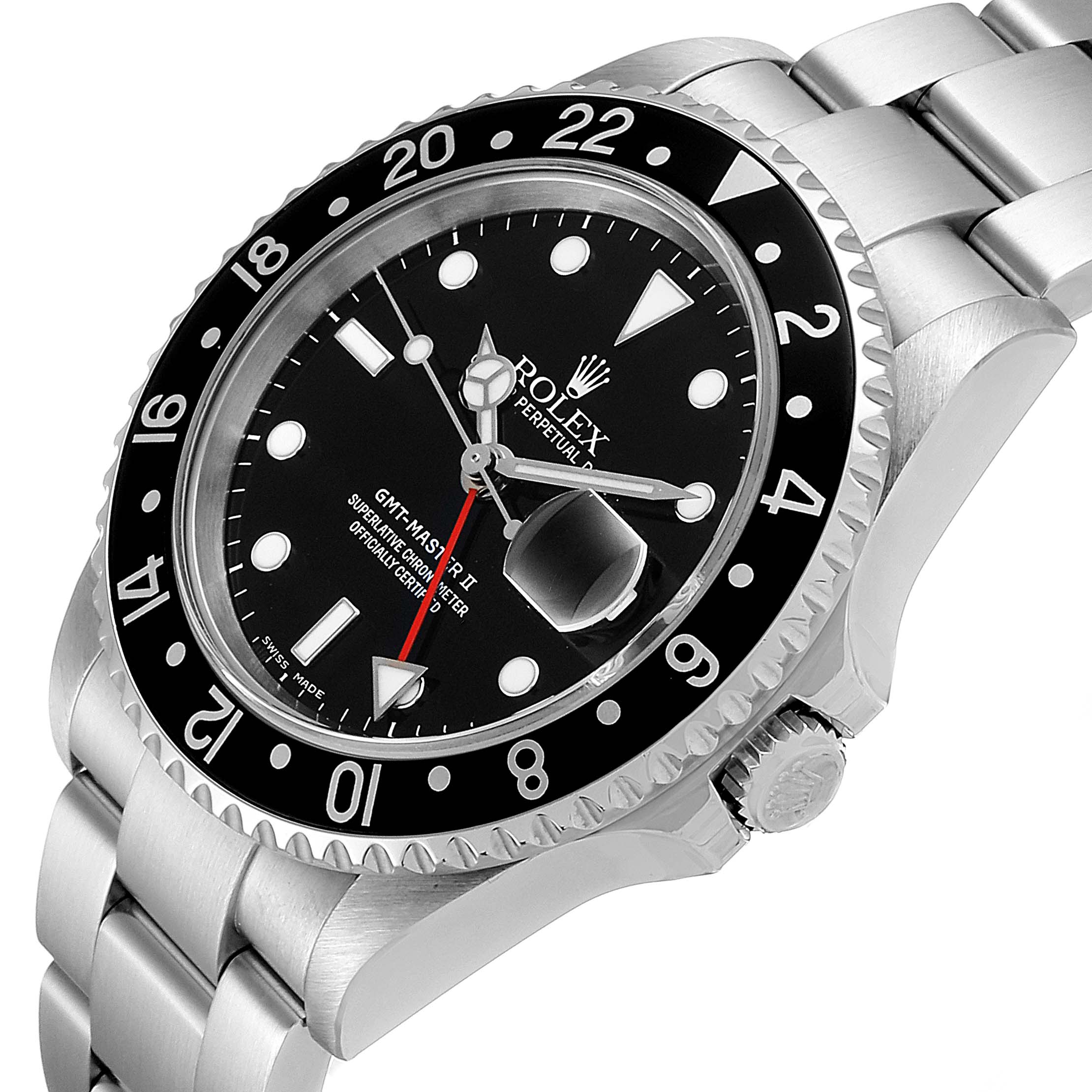 The image shows a Rolex GMT-Master 16710 Men
s Stainless Steel Black Dial 16710 Men
s Stainless Steel Black Dial II watch at an angled view highlighting the face, bezel, crown, and part of the bracelet.