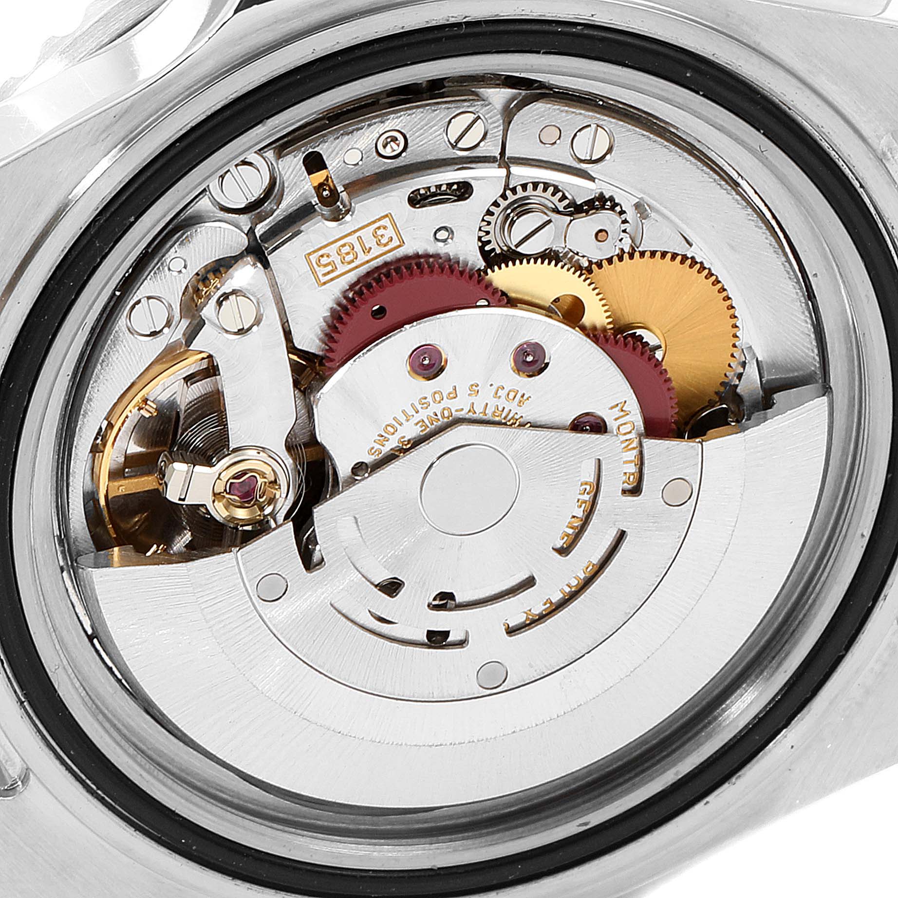 This image shows the open case back of a Rolex GMT-Master 16710 Men
s Stainless Steel Black Dial 16710 Men
s Stainless Steel Black Dial, revealing its internal movement components.