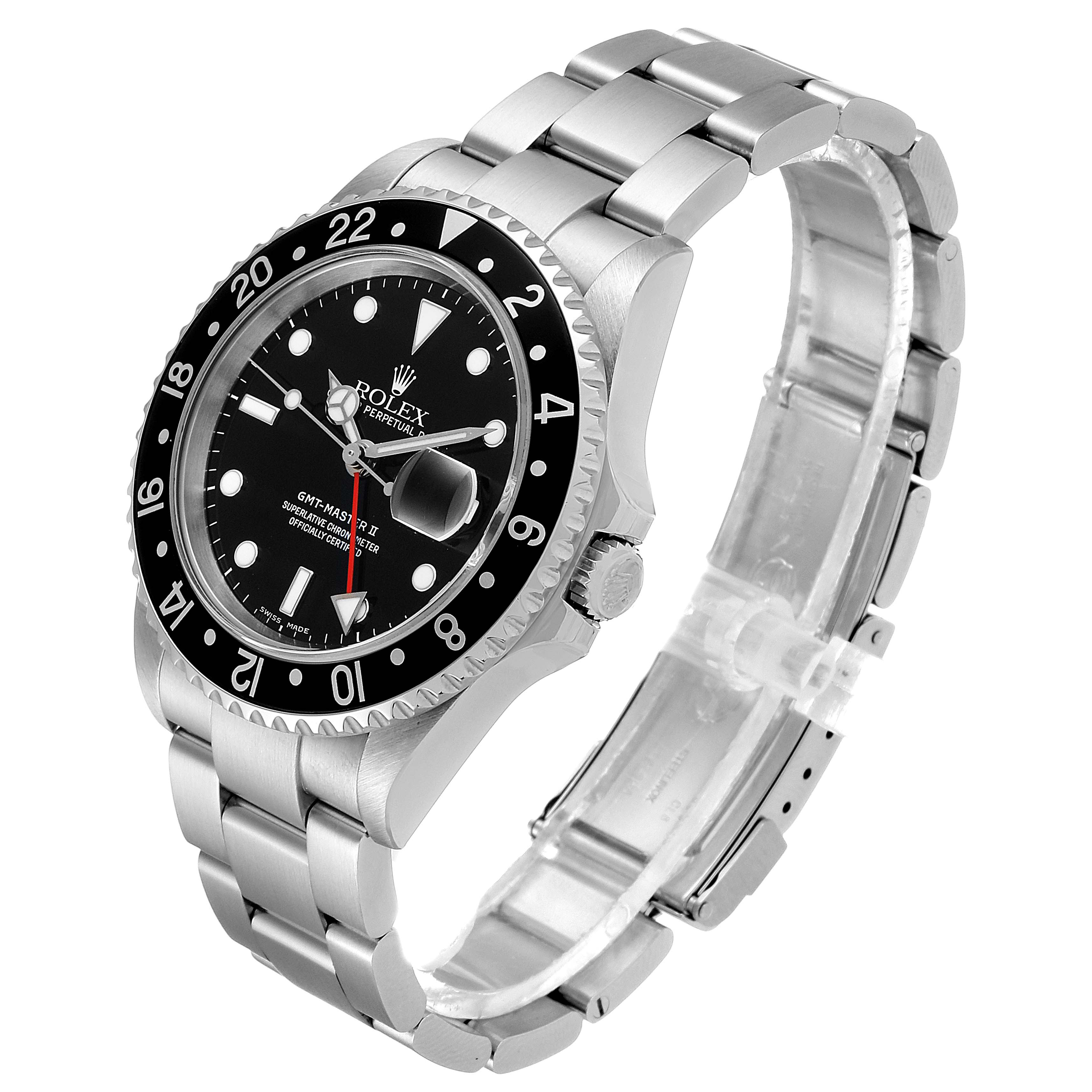 This image shows the front and side view of the Rolex GMT-Master 16710 Men
s Stainless Steel Black Dial 16710 Men
s Stainless Steel Black Dial watch, highlighting its bezel, bracelet, and crown.