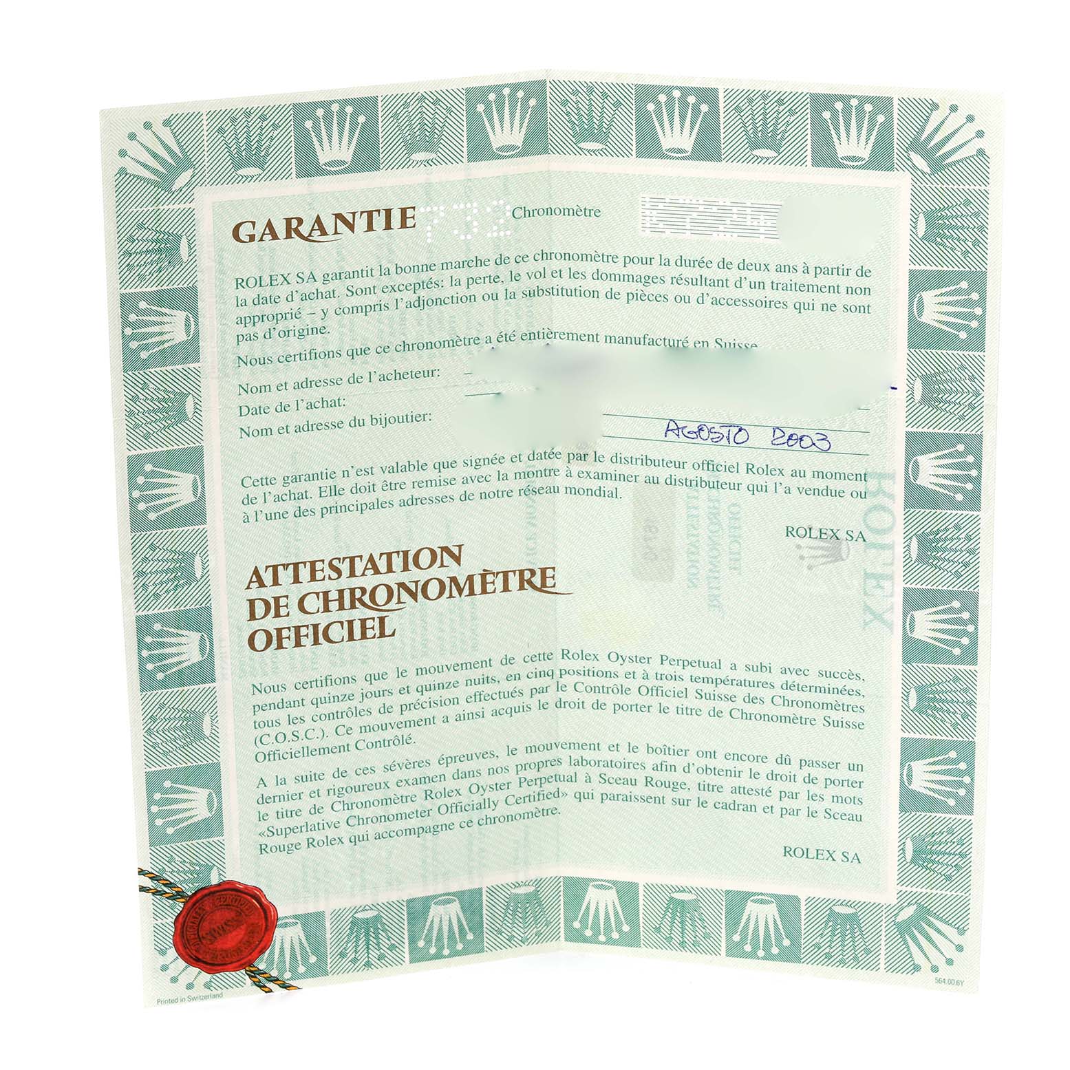 The image shows a warranty and chronometer certificate for the Rolex GMT-Master 16710 Men's Stainless Steel Black Dial 16710 Men's Stainless Steel Black Dial.