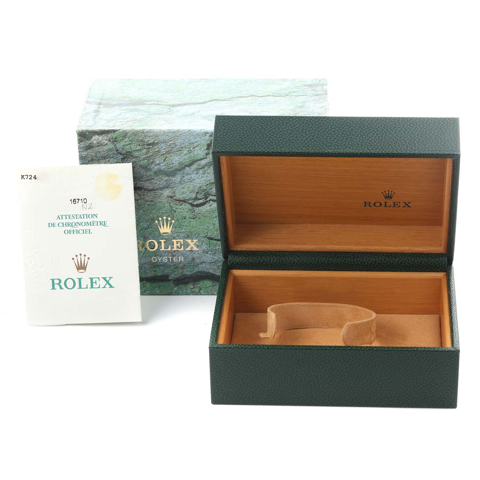 The image shows a Rolex GMT-Master 16710 Men's Stainless Steel Black Dial 16710 Men's Stainless Steel Black Dial watch box, certificate, and outer packaging from a front angle.