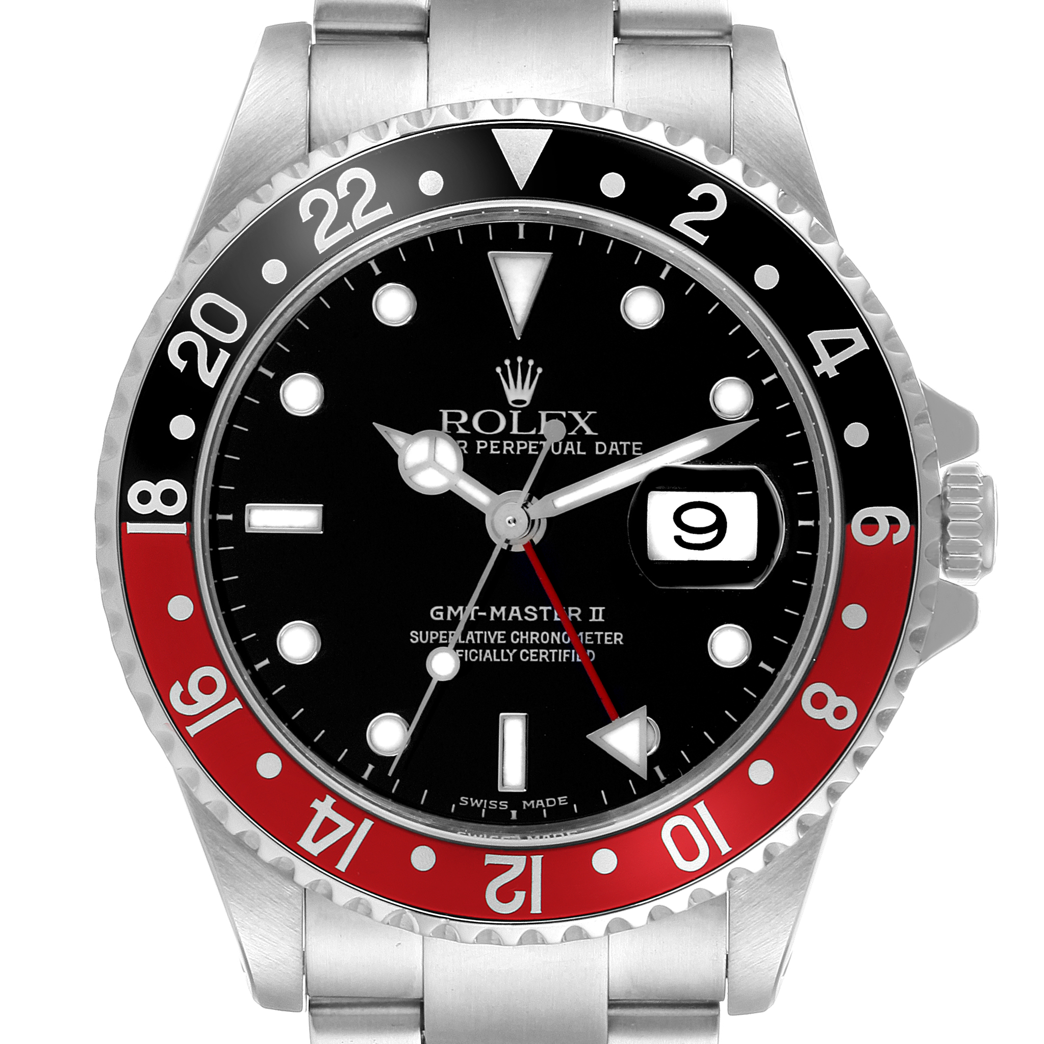 The Rolex GMT-Master 16710 Men's Stainless Steel Black Dial 16710 Men's Stainless Steel Black Dial watch is shown from a front angle, displaying its dial, bezel, and part of the bracelet.