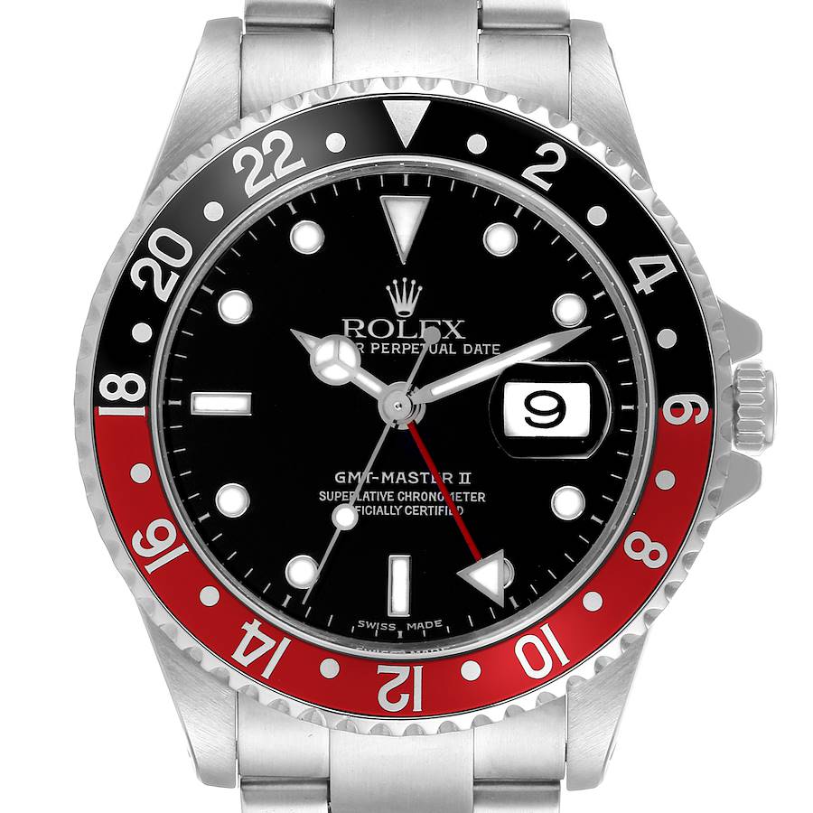 The Rolex GMT-Master watch is shown from a front angle, displaying its dial, bezel, and part of the bracelet.