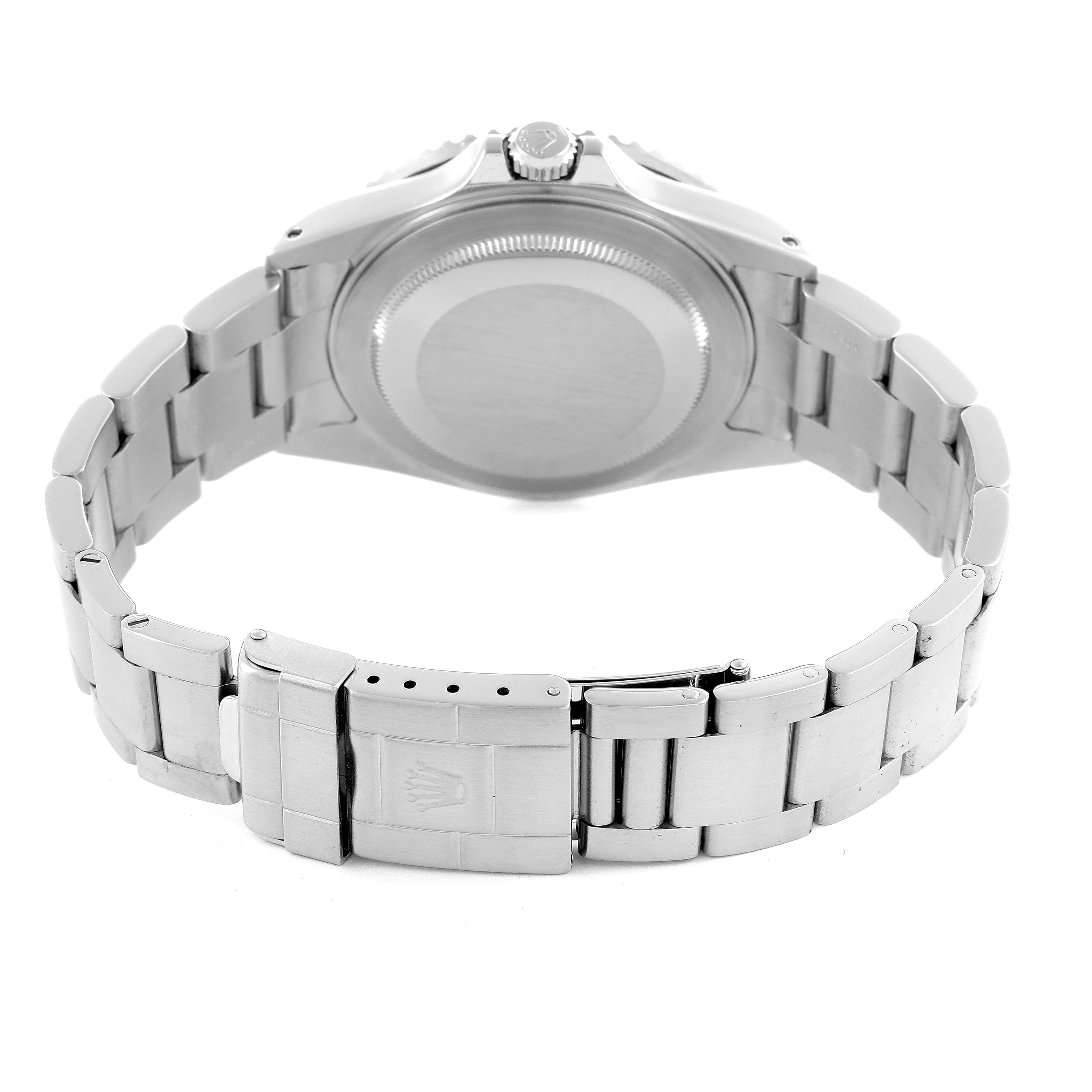 The image shows the back and bracelet of the Rolex GMT-Master 16710 Men's Stainless Steel Black Dial 16710 Men's Stainless Steel Black Dial, highlighting the clasp and case back.