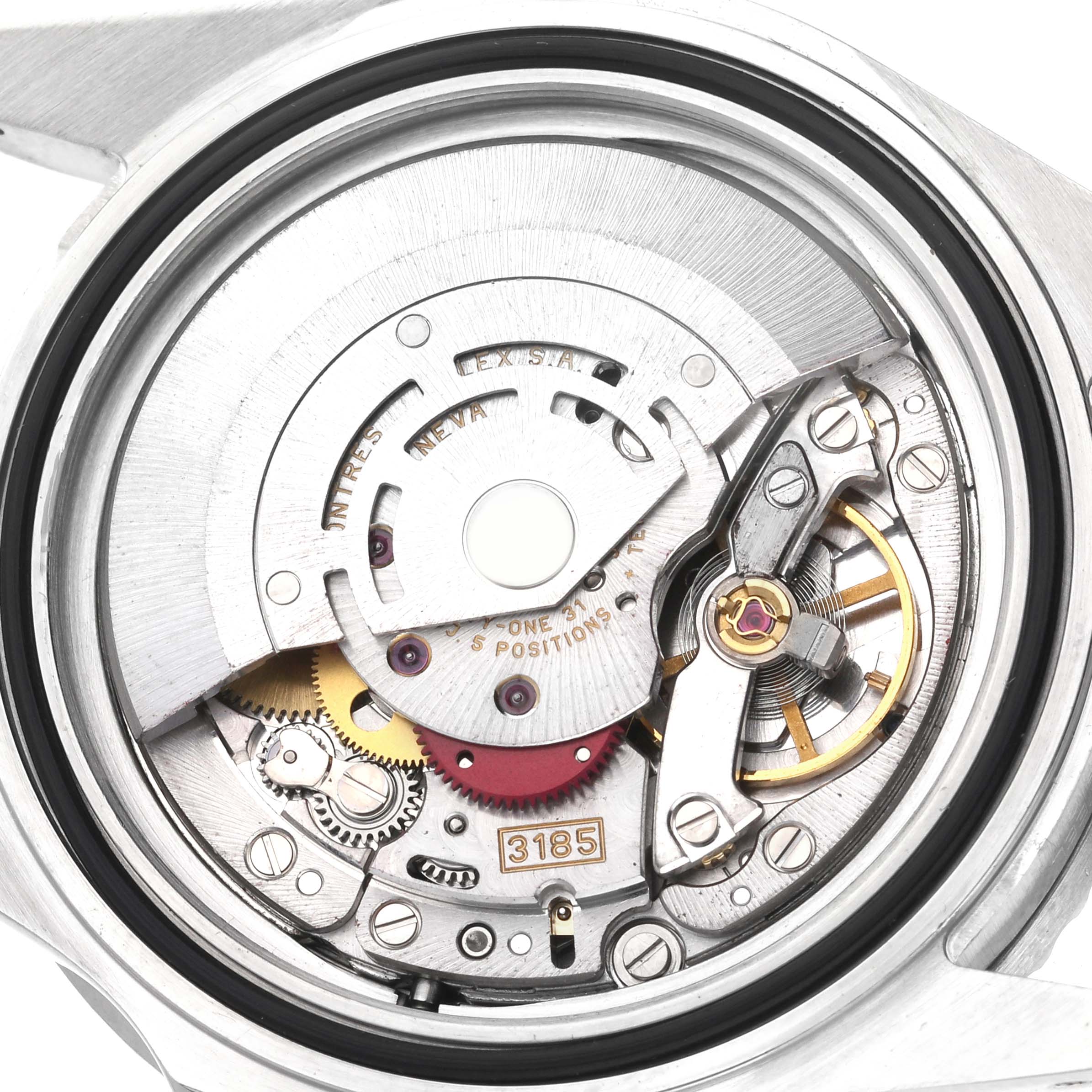 The image shows the movement of a Rolex GMT-Master 16710 Men's Stainless Steel Black Dial 16710 Men's Stainless Steel Black Dial, focusing on the intricate internal mechanism.