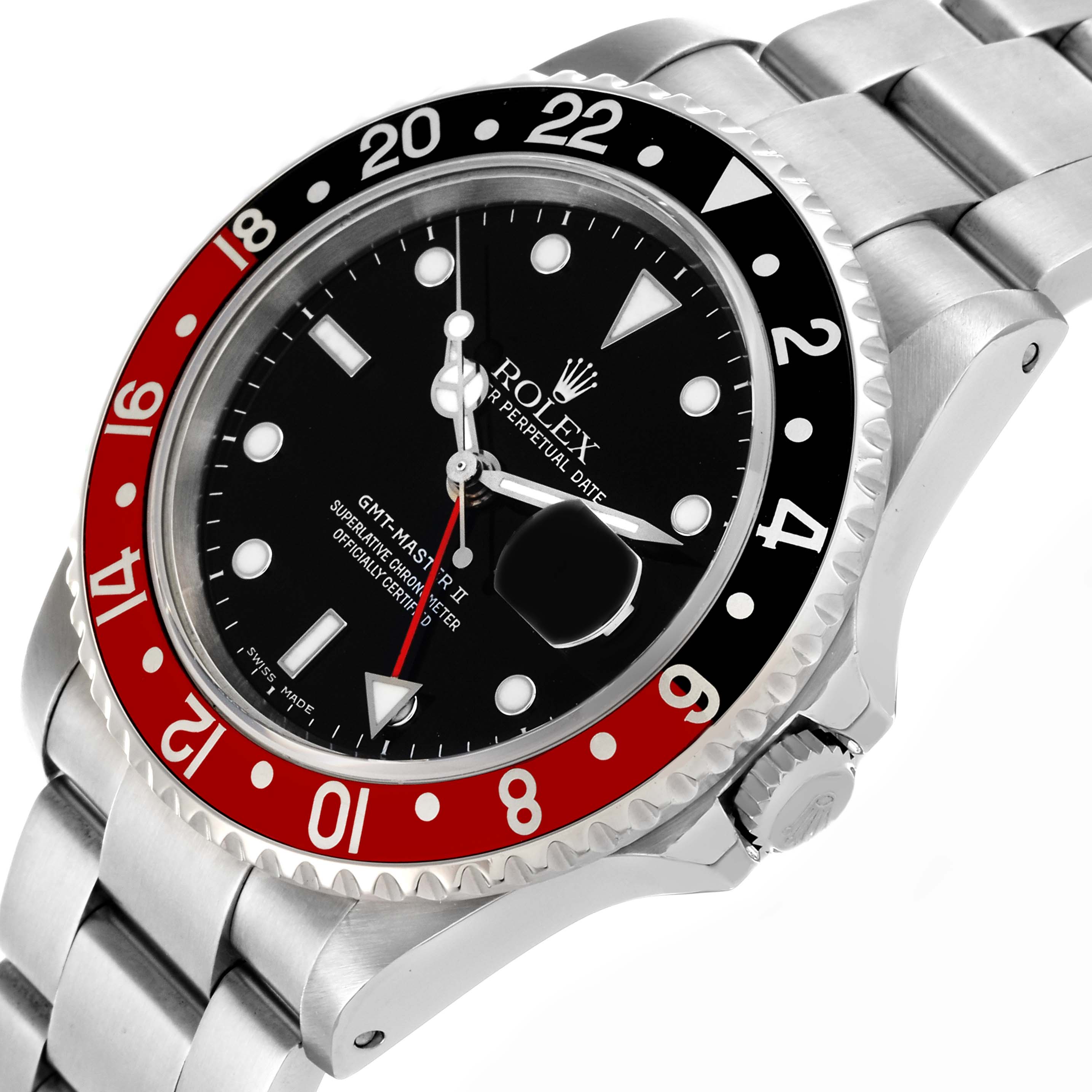The Rolex GMT-Master 16710 Men's Stainless Steel Black Dial 16710 Men's Stainless Steel Black Dial watch is shown from a side angle, highlighting the bezel, dial, and bracelet.