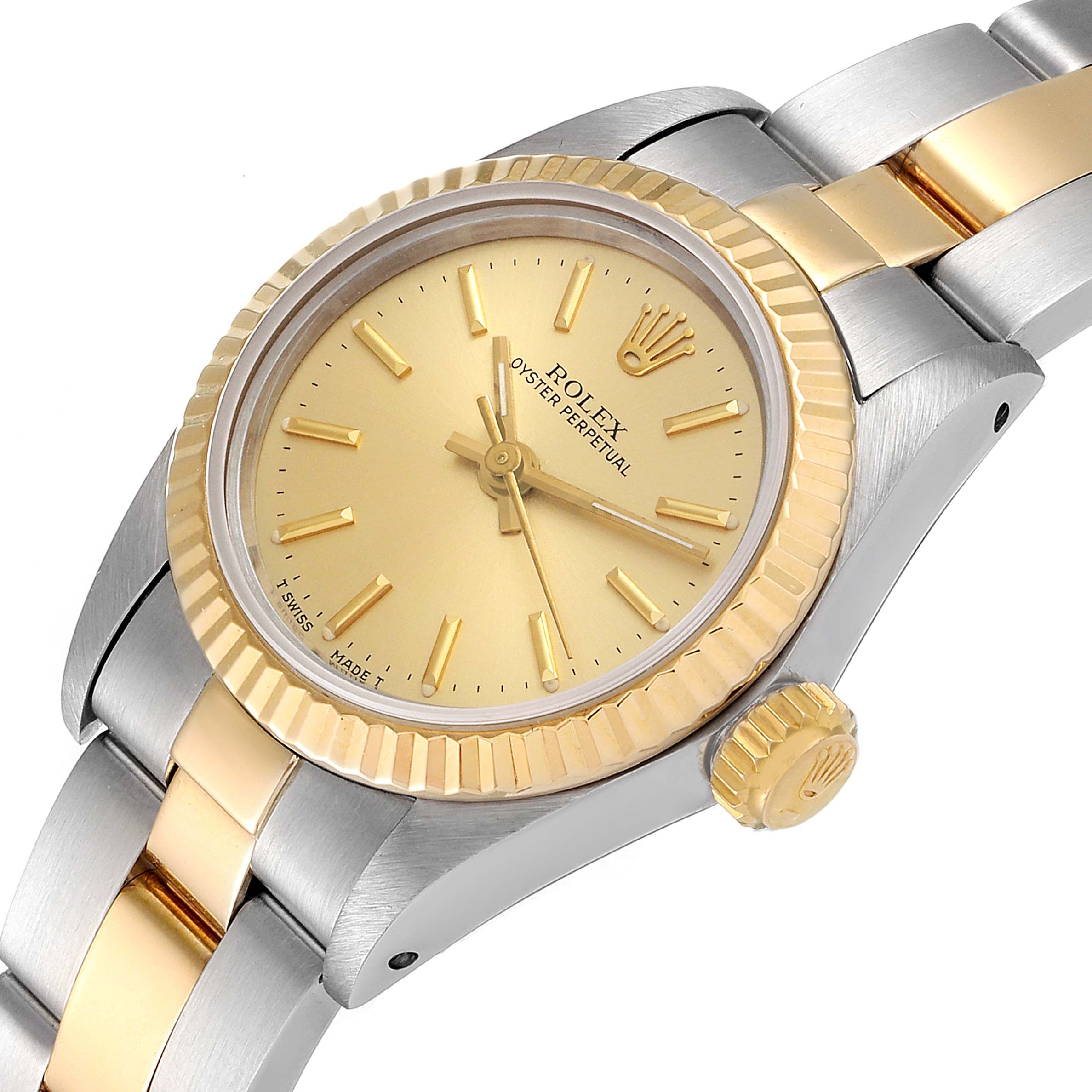 The image shows a close-up angled view of the Rolex Oyster Perpetual 67193 Women
s Steel and Gold (two tone) Champagne Dial 67193 Women
s Steel and Gold (two tone) Champagne Dial watch, highlighting its dial, bezel, and part of the band.