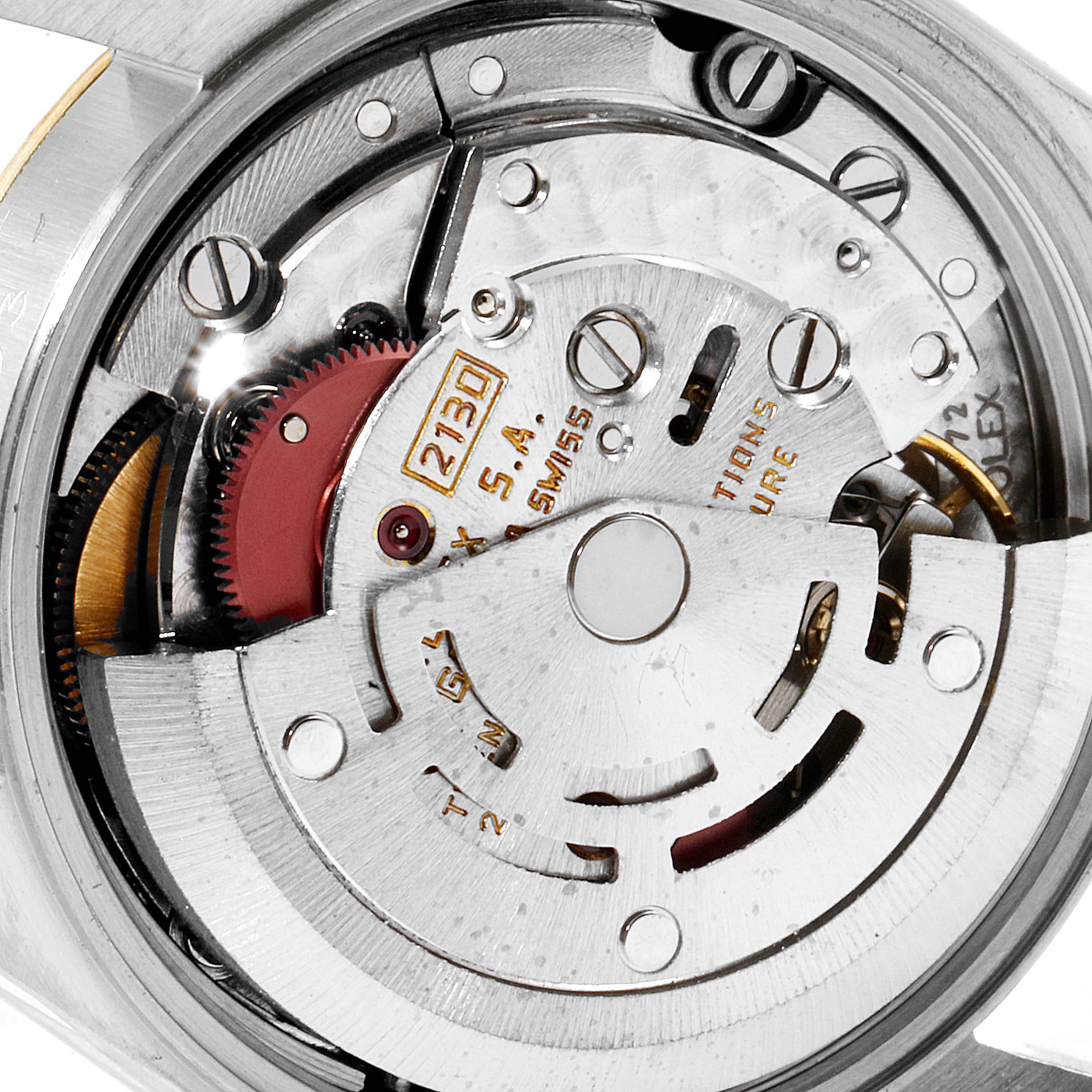 This image shows the internal mechanical movement of the Rolex Oyster Perpetual 67193 Women
s Steel and Gold (two tone) Champagne Dial 67193 Women
s Steel and Gold (two tone) Champagne Dial watch from a close-up angle.