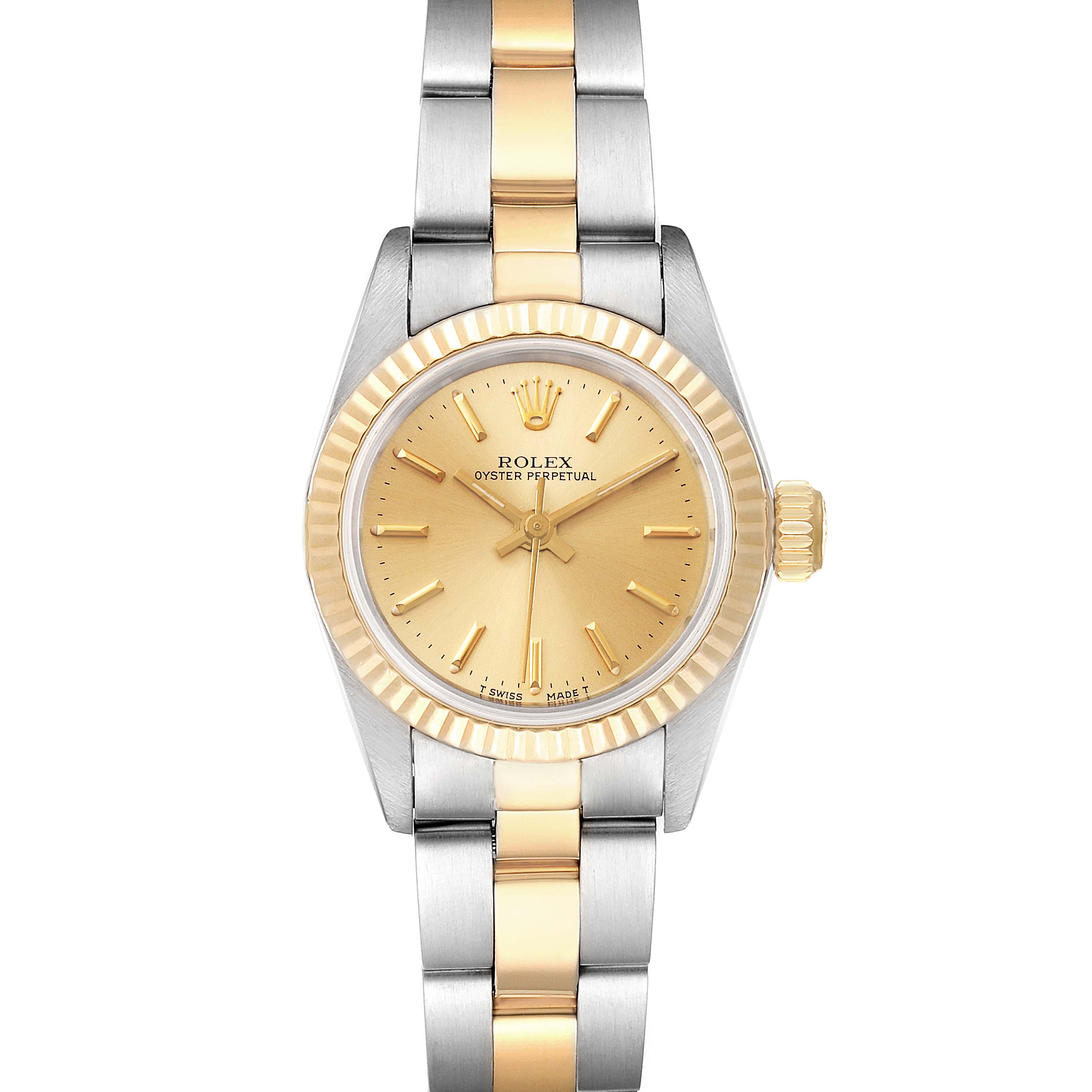 The Rolex Oyster Perpetual 67193 Women
s Steel and Gold (two tone) Champagne Dial 67193 Women
s Steel and Gold (two tone) Champagne Dial watch is shown from a front-facing angle, displaying its gold and silver bracelet, dial, and fluted bezel.