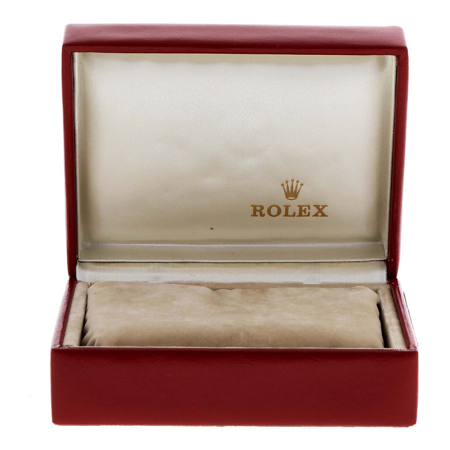 This image shows an empty Rolex watch box, likely for an Oyster Perpetual model, with a red exterior and beige interior.