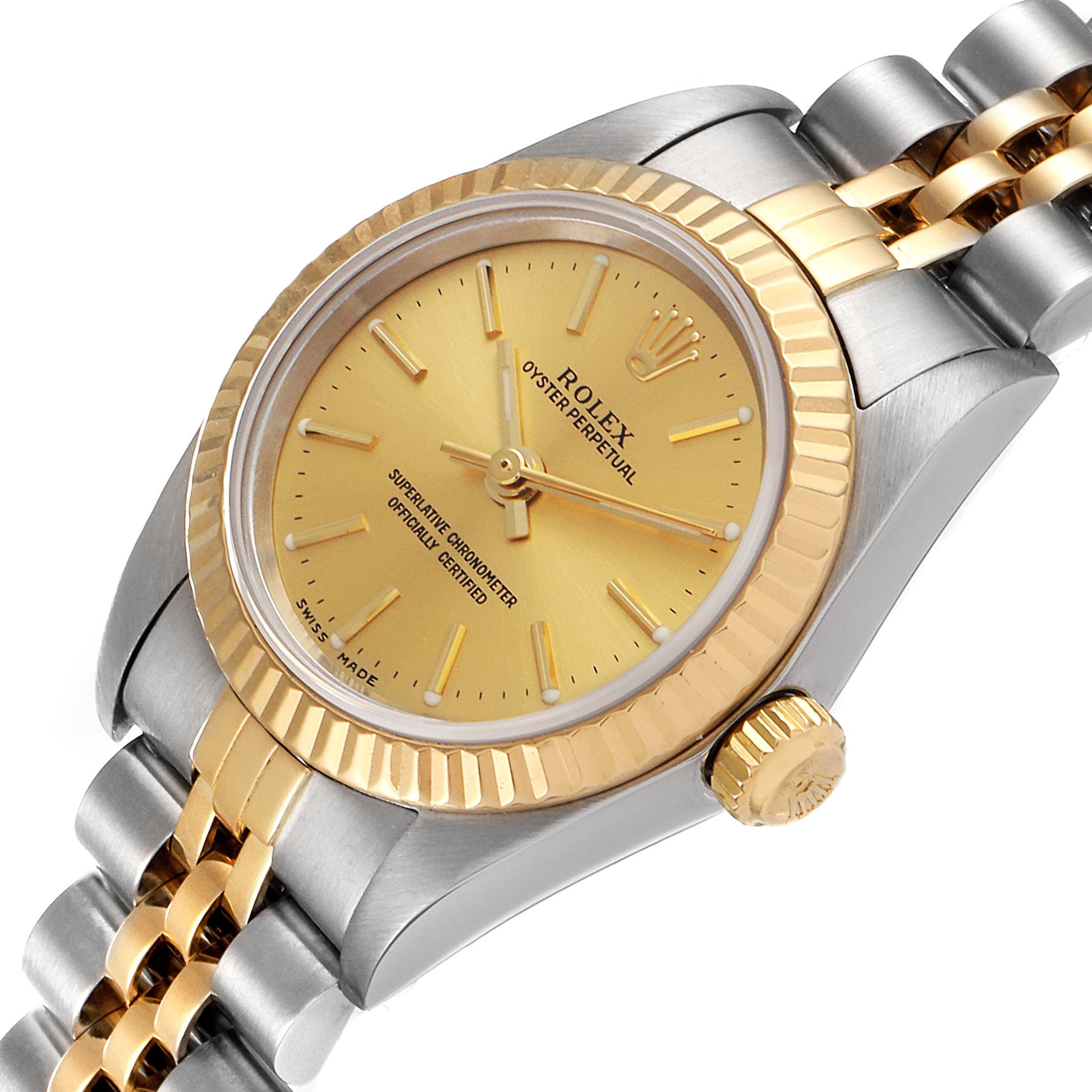 The image shows a close-up of the Rolex Oyster Perpetual 76193 Women
s Steel and Gold (two tone) Champagne Dial 76193 Women
s Steel and Gold (two tone) Champagne Dial watch displaying its dial, crown, and part of the bracelet.