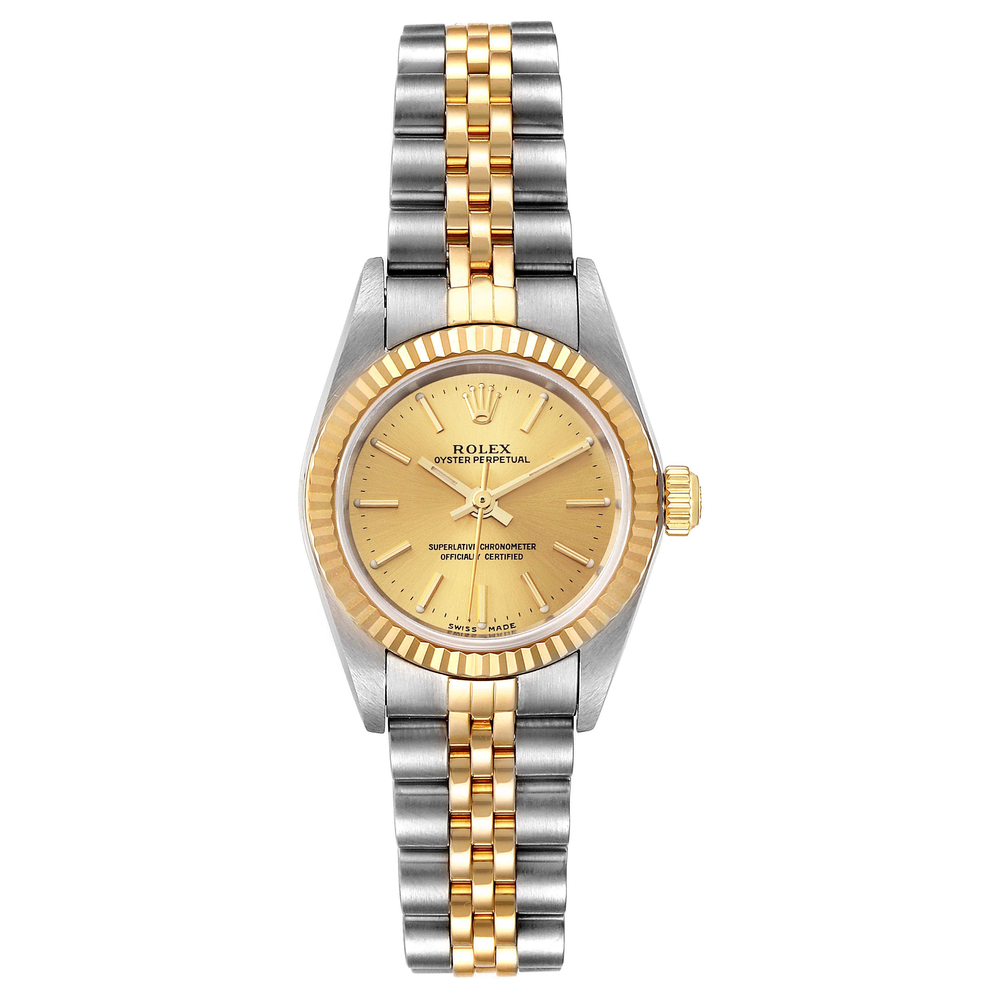The image shows the front view of a Rolex Oyster Perpetual 76193 Women
s Steel and Gold (two tone) Champagne Dial 76193 Women
s Steel and Gold (two tone) Champagne Dial watch, highlighting the dial, bezel, and bracelet.