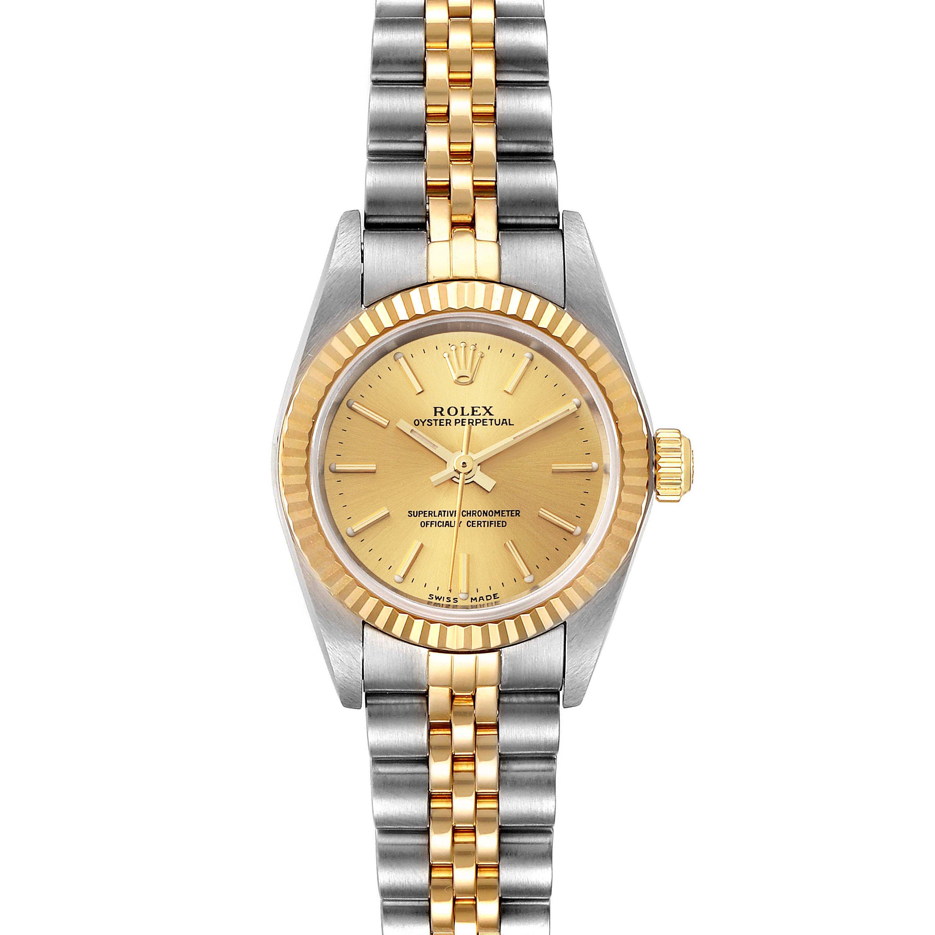 This image shows a front view of a Rolex Oyster Perpetual 76193 Women
s Steel and Gold (two tone) Champagne Dial 76193 Women
s Steel and Gold (two tone) Champagne Dial watch, featuring a gold and silver bracelet and a gold dial.