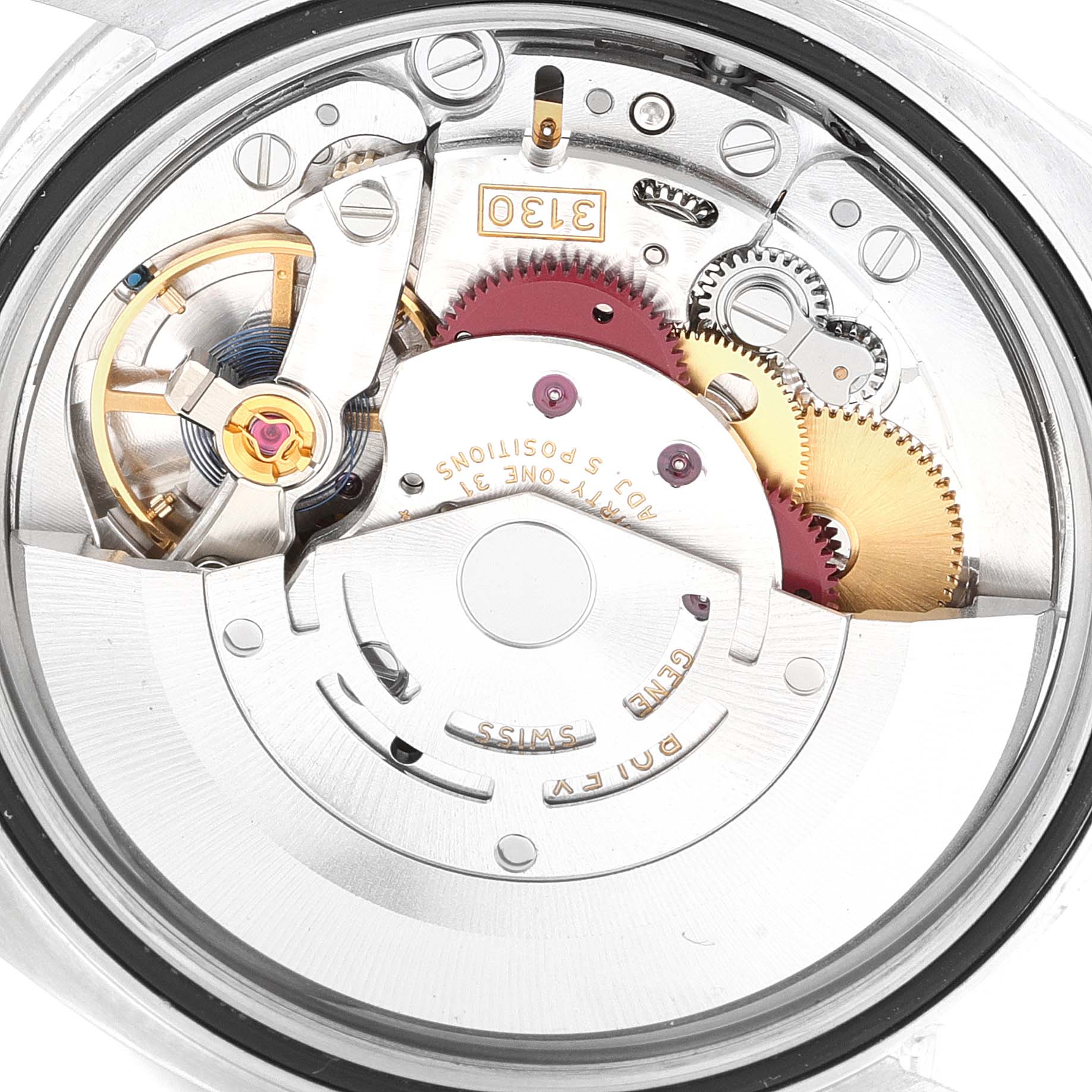 The image shows the intricate movement parts and mechanisms of a Rolex Oyster Perpetual 116034 Men
s Stainless Steel Black Dial 116034 Men
s Stainless Steel Black Dial watch from a close-up, internal angle.