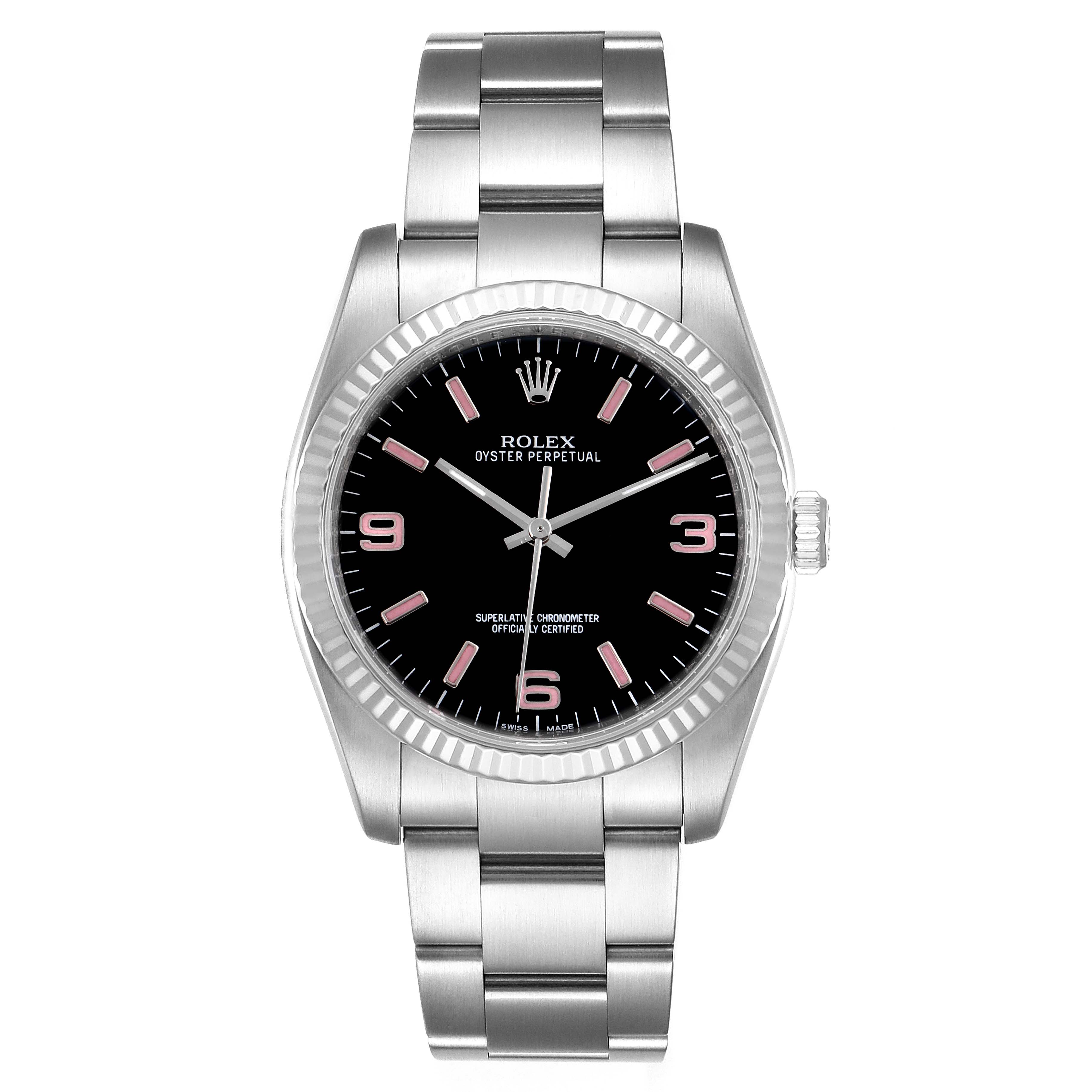 The Rolex Oyster Perpetual 116034 Men
s Stainless Steel Black Dial 116034 Men
s Stainless Steel Black Dial watch is displayed from the front, showing its face, bezel, and bracelet.