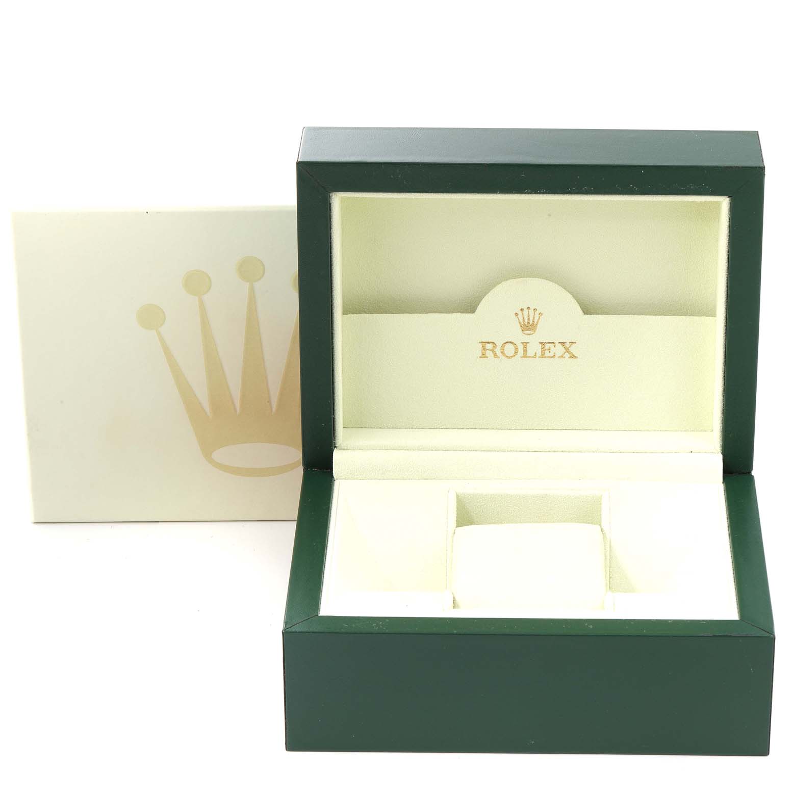 The image shows an opened Rolex Oyster Perpetual 116034 Men
s Stainless Steel Black Dial 116034 Men
s Stainless Steel Black Dial watch box from a frontal angle, revealing its beige interior and compartments.