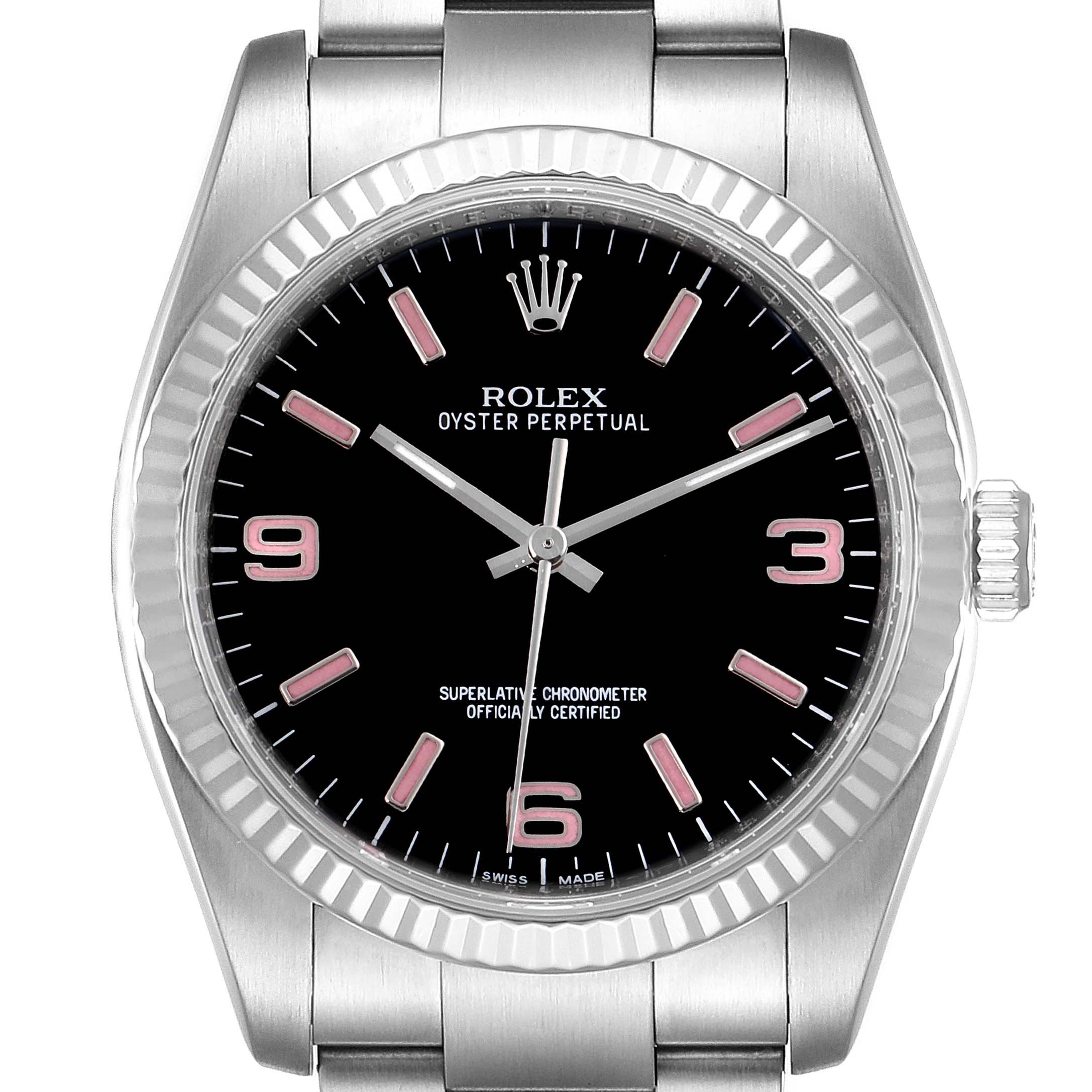 This image shows a front view of a Rolex Oyster Perpetual 116034 Men
s Stainless Steel Black Dial 116034 Men
s Stainless Steel Black Dial watch, highlighting its dial, bezel, and part of the bracelet.