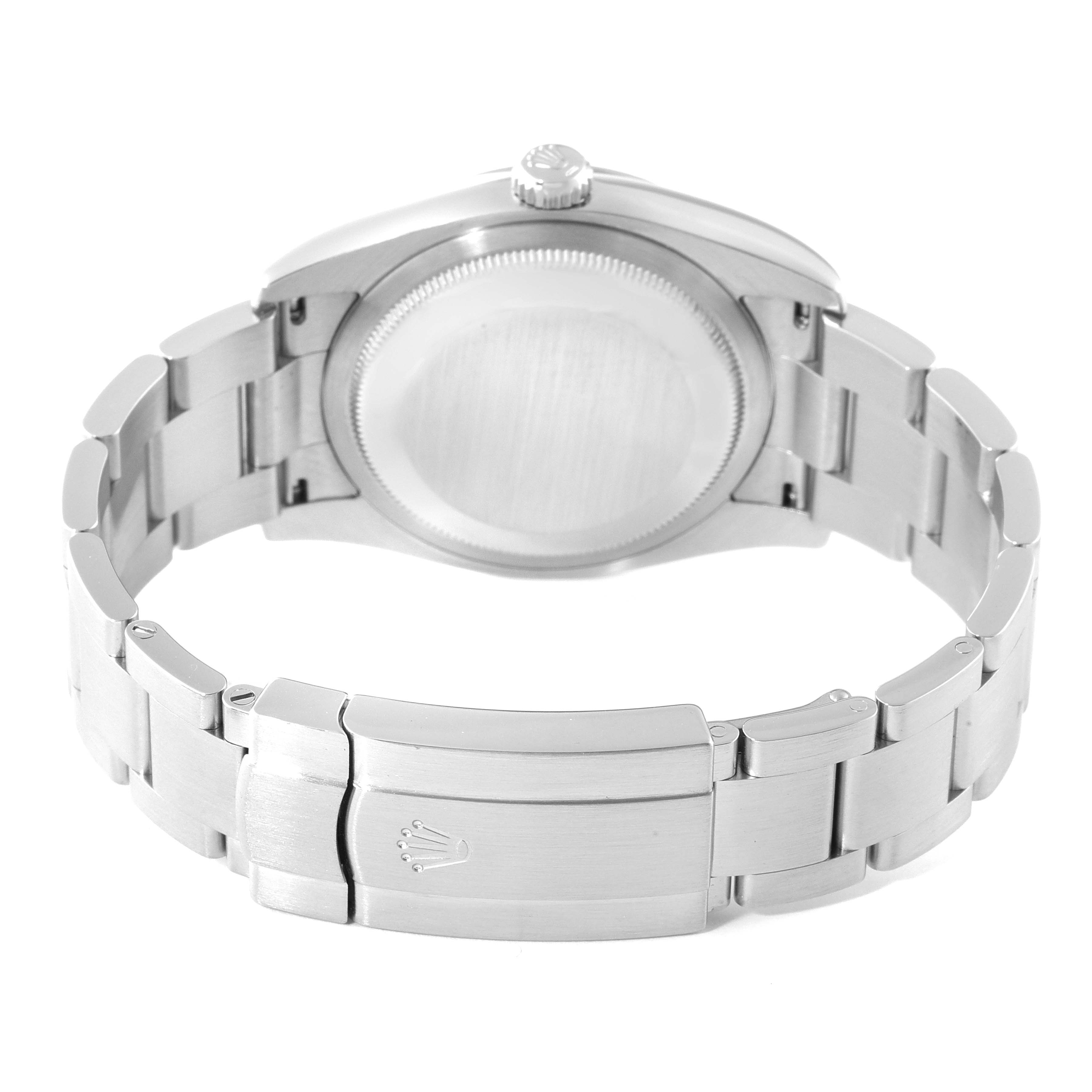 This image shows the back case and bracelet of the Rolex Oyster Perpetual 116034 Men
s Stainless Steel Black Dial 116034 Men
s Stainless Steel Black Dial watch, revealing the clasp and links.