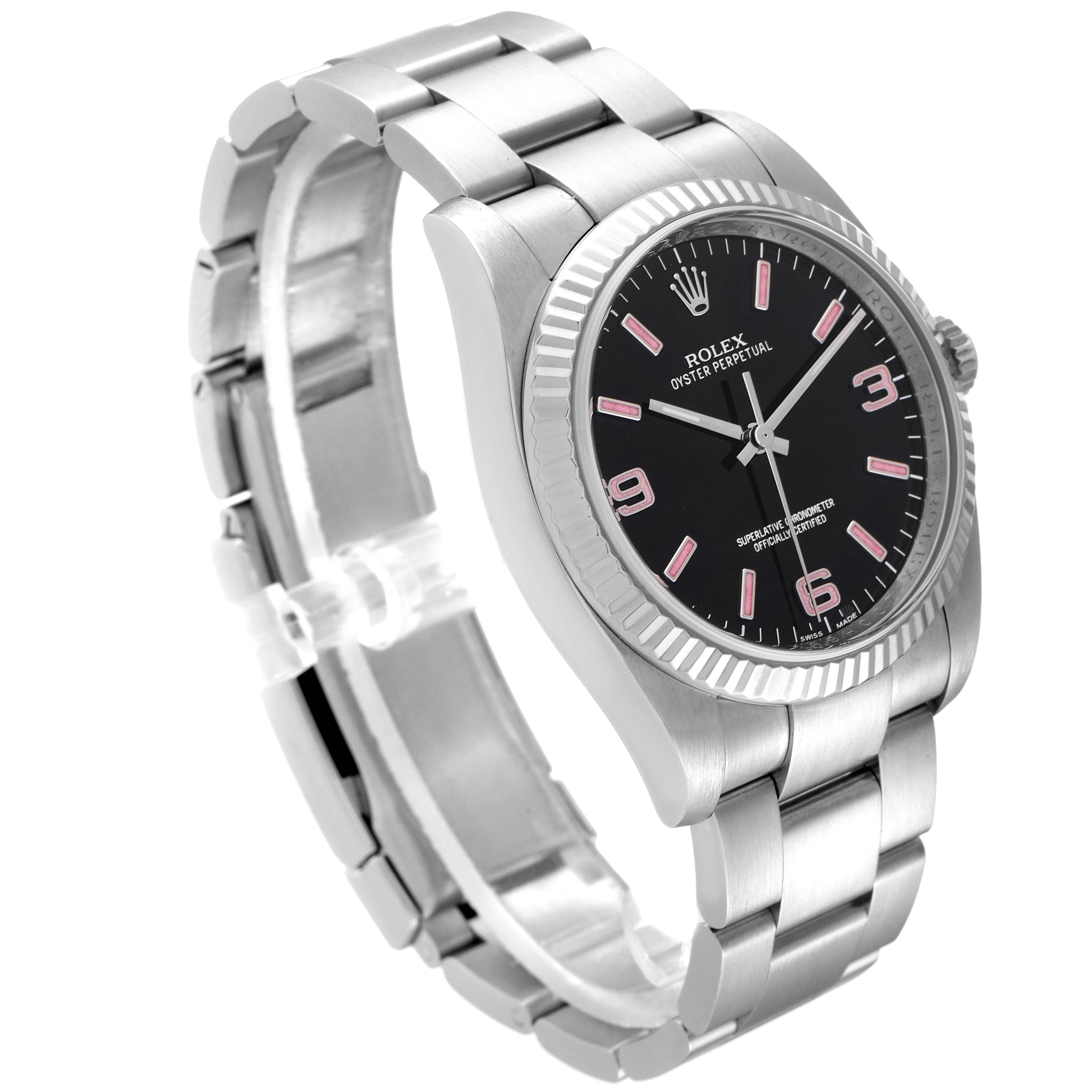 The image shows a side angle view of a Rolex Oyster Perpetual 116034 Men
s Stainless Steel Black Dial 116034 Men
s Stainless Steel Black Dial watch, highlighting the bracelet, bezel, and dial.