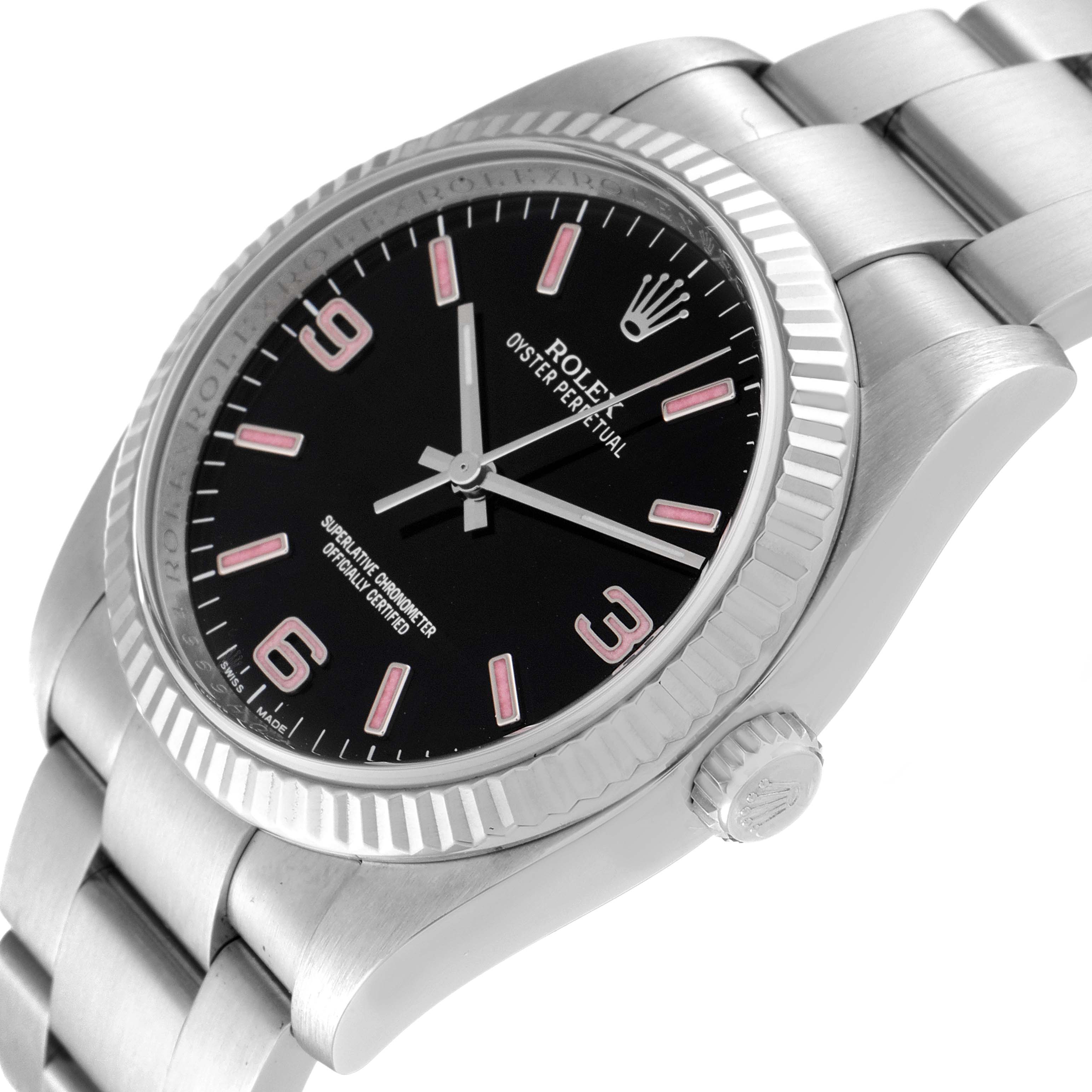 This image features a close-up, angled view of a Rolex Oyster Perpetual 116034 Men
s Stainless Steel Black Dial 116034 Men
s Stainless Steel Black Dial watch showing the dial, crown, and part of the bracelet.