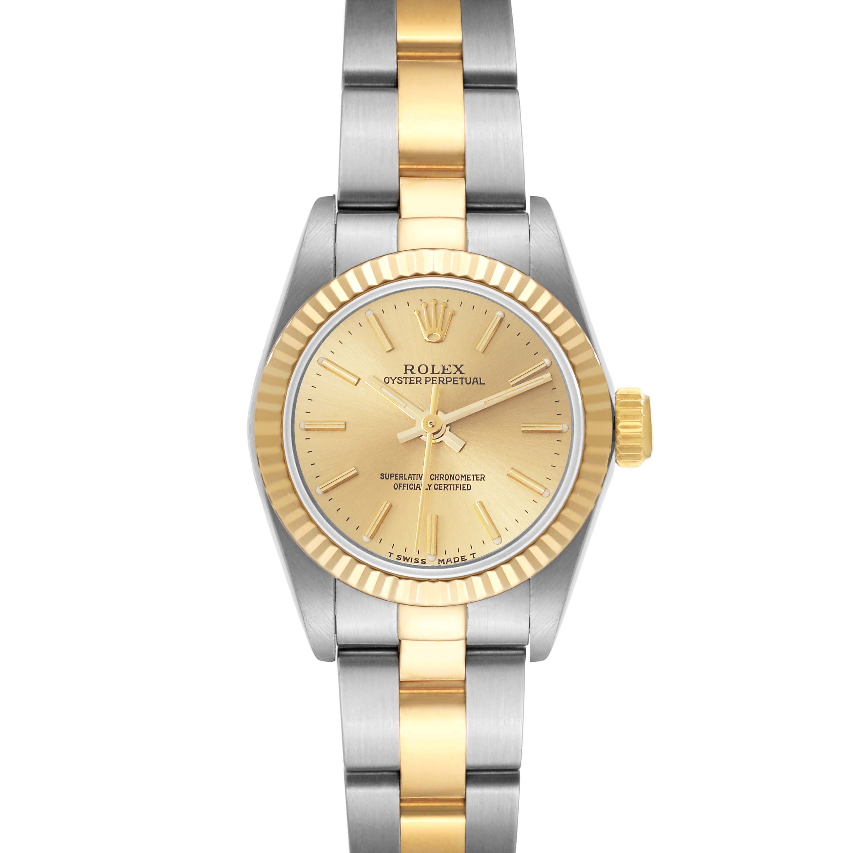The Rolex Oyster Perpetual 67193 Women's Steel and Gold (two tone) Champagne Dial 67193 Women's Steel and Gold (two tone) Champagne Dial watch is shown from a front angle, displaying the face, bezel, and two-tone bracelet.