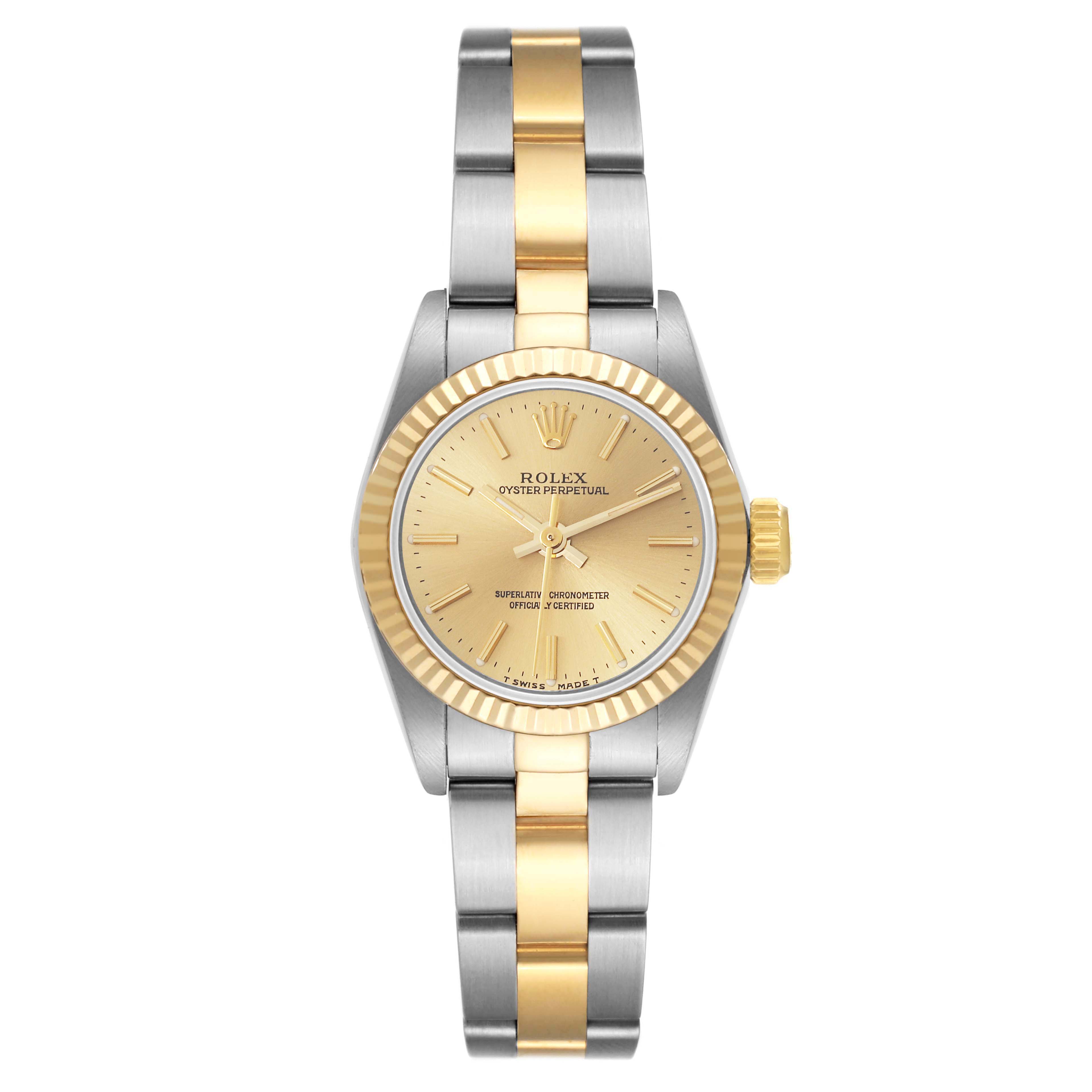 The Rolex Oyster Perpetual 67193 Women's Steel and Gold (two tone) Champagne Dial 67193 Women's Steel and Gold (two tone) Champagne Dial watch is shown from the front, displaying the dial, bezel, and bracelet.