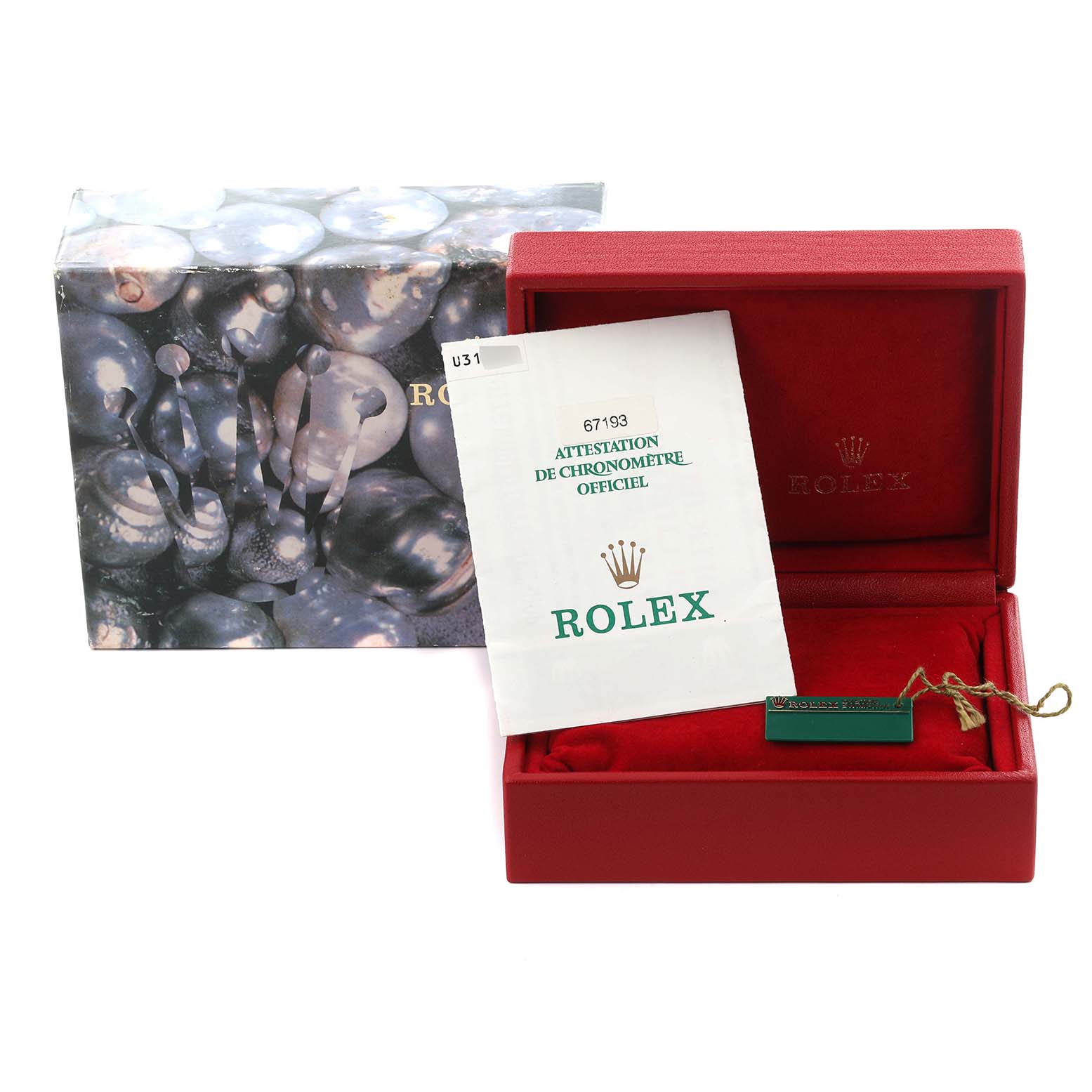 The image shows a Rolex Oyster Perpetual 67193 Women's Steel and Gold (two tone) Champagne Dial 67193 Women's Steel and Gold (two tone) Champagne Dial watch box, authenticity papers, and a tag, all from a frontal angle.