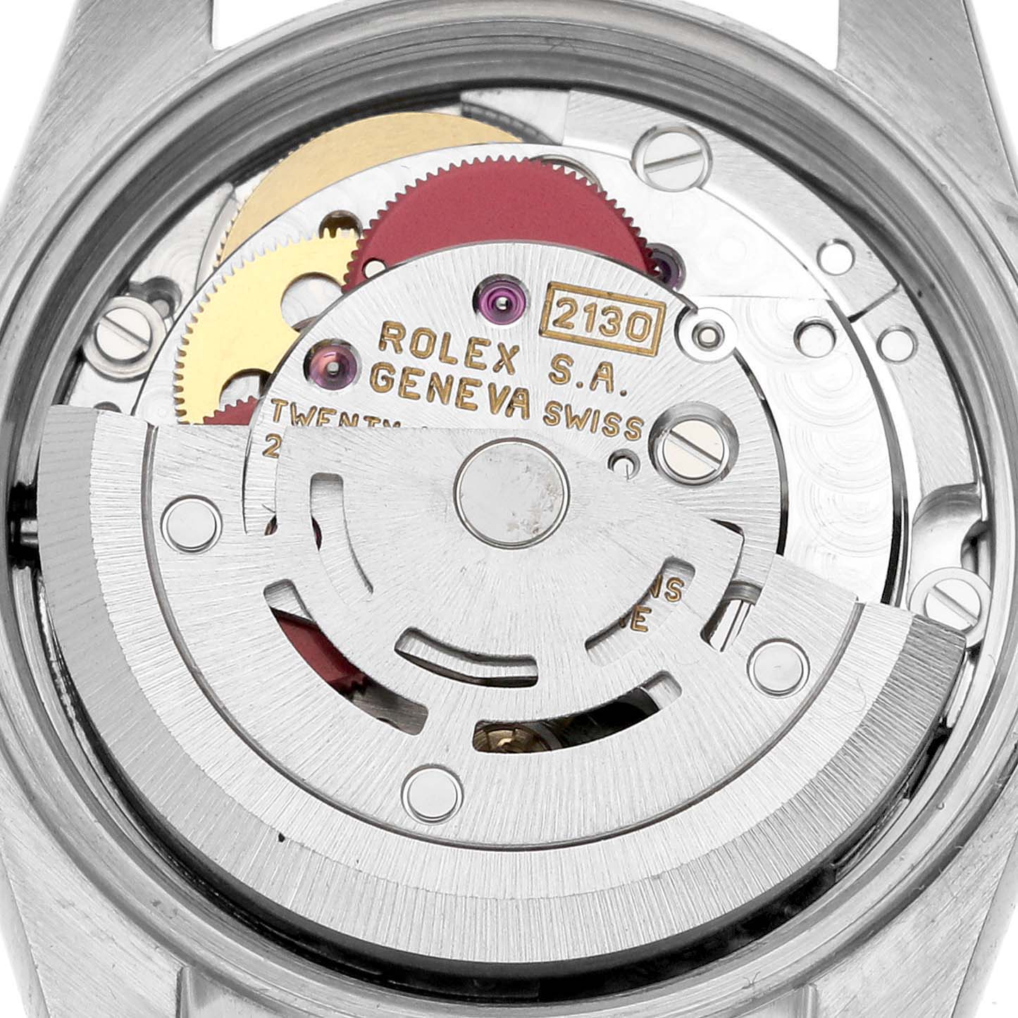 The image shows the inner mechanism and rotor of a Rolex Oyster Perpetual 67193 Women's Steel and Gold (two tone) Champagne Dial 67193 Women's Steel and Gold (two tone) Champagne Dial watch from a direct overhead angle.
