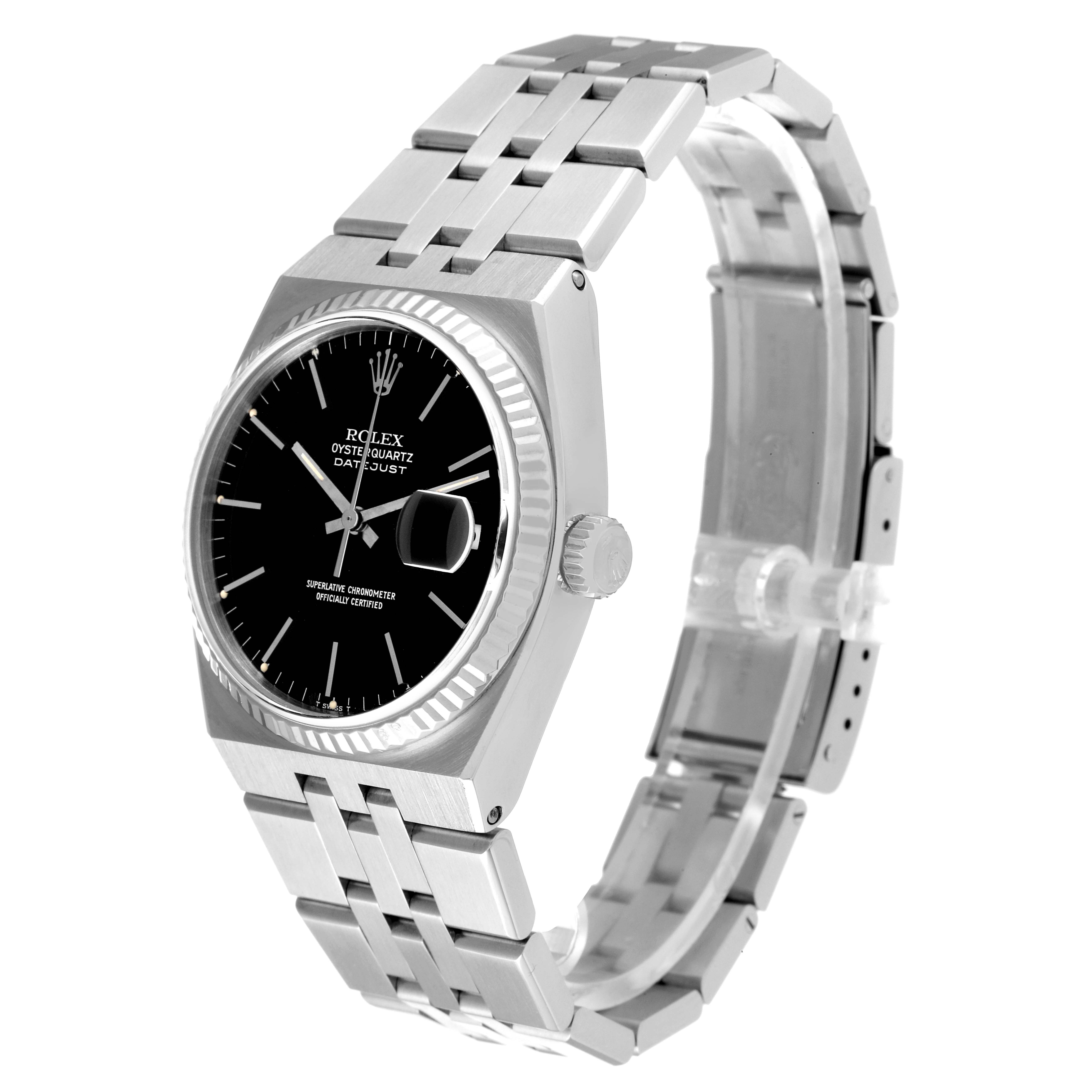 The Rolex Oysterquartz 17014 Men's Stainless Steel Black Dial 17014 Men's Stainless Steel Black Dial watch is shown at a front angle, highlighting the dial, bezel, crown, and stainless steel bracelet.