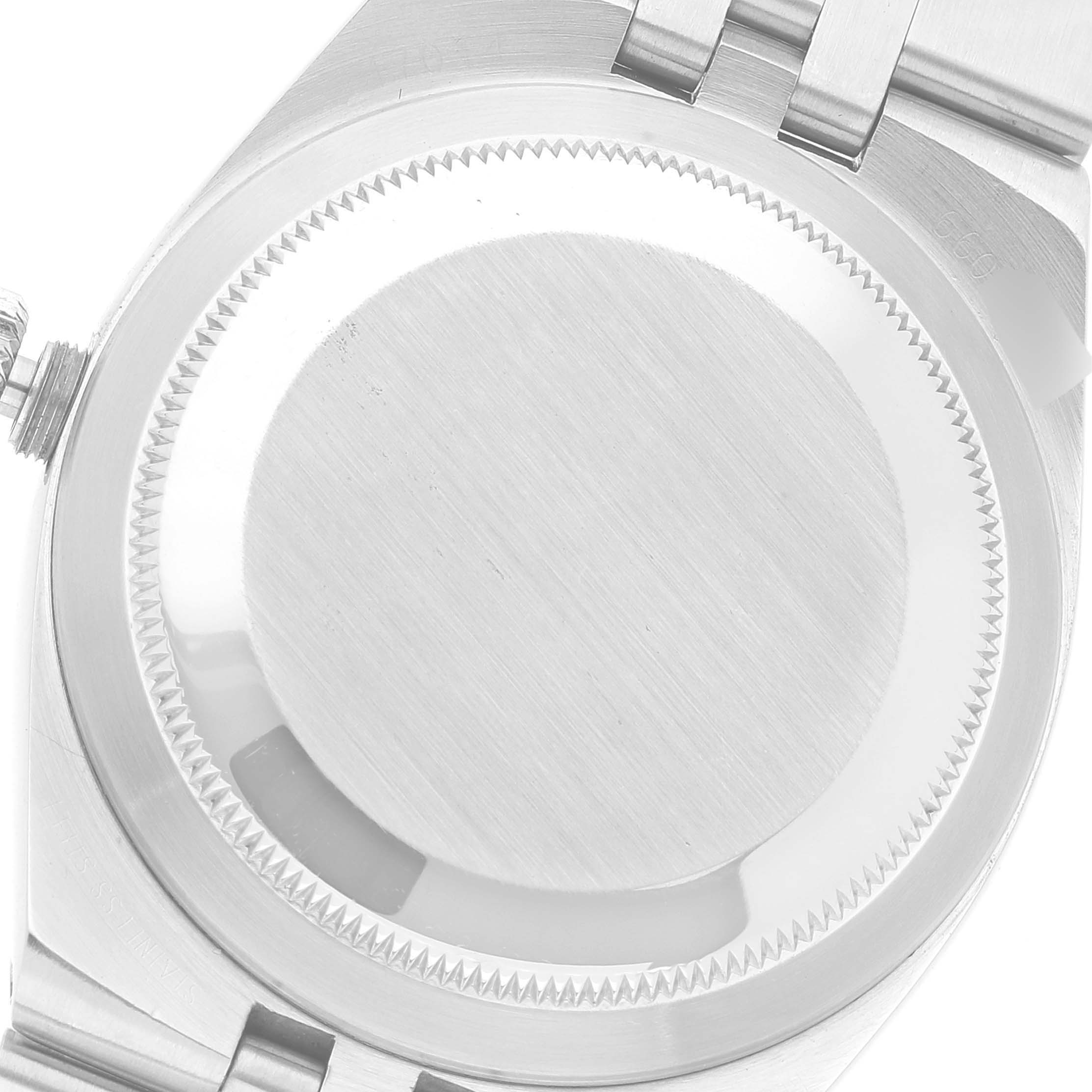 The image shows the back case of a Rolex Oysterquartz 17014 Men's Stainless Steel Black Dial 17014 Men's Stainless Steel Black Dial watch from a close-up angle.