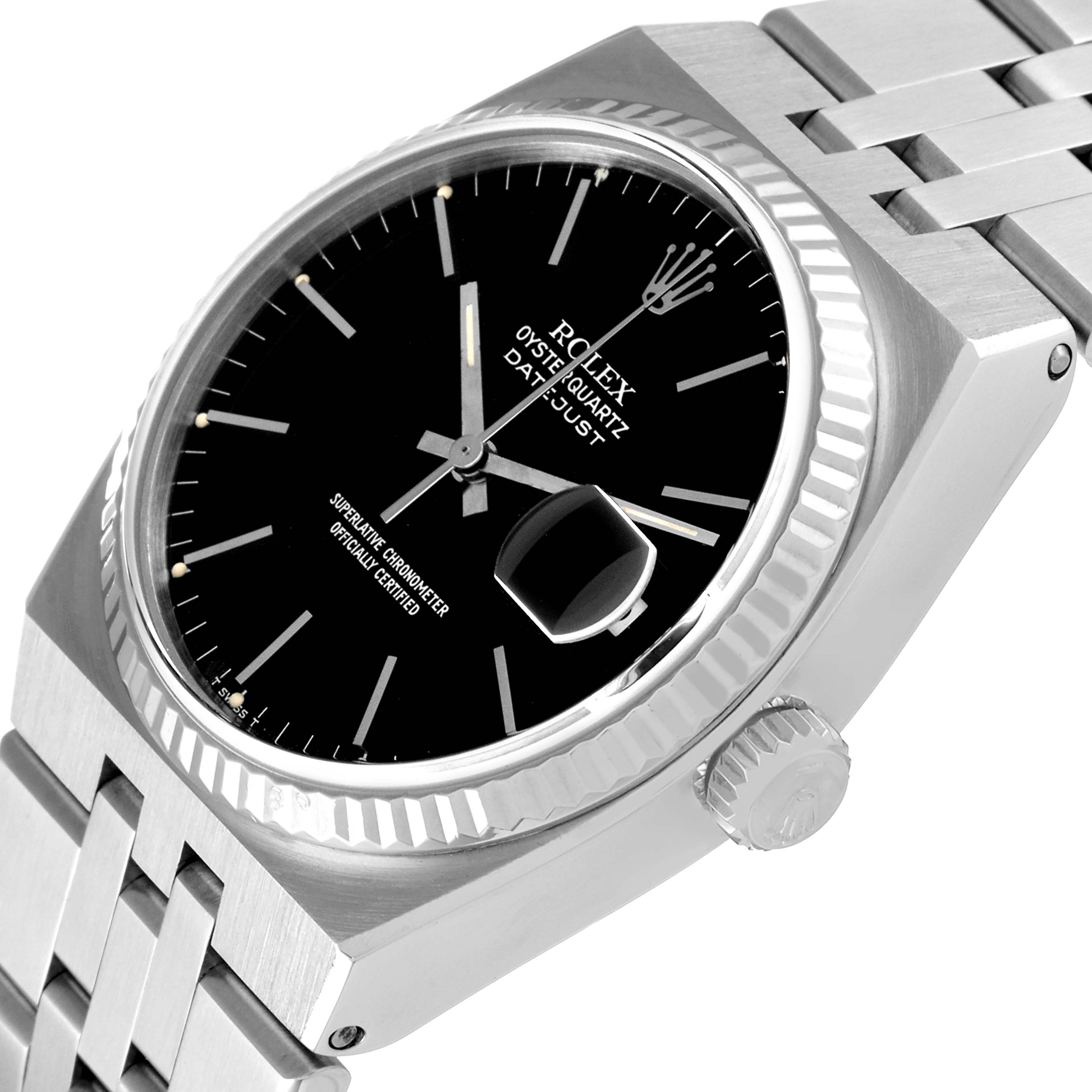 The image shows a Rolex Oysterquartz 17014 Men's Stainless Steel Black Dial 17014 Men's Stainless Steel Black Dial watch at an angle highlighting the black dial, date magnifier, bezel, crown, and bracelet.