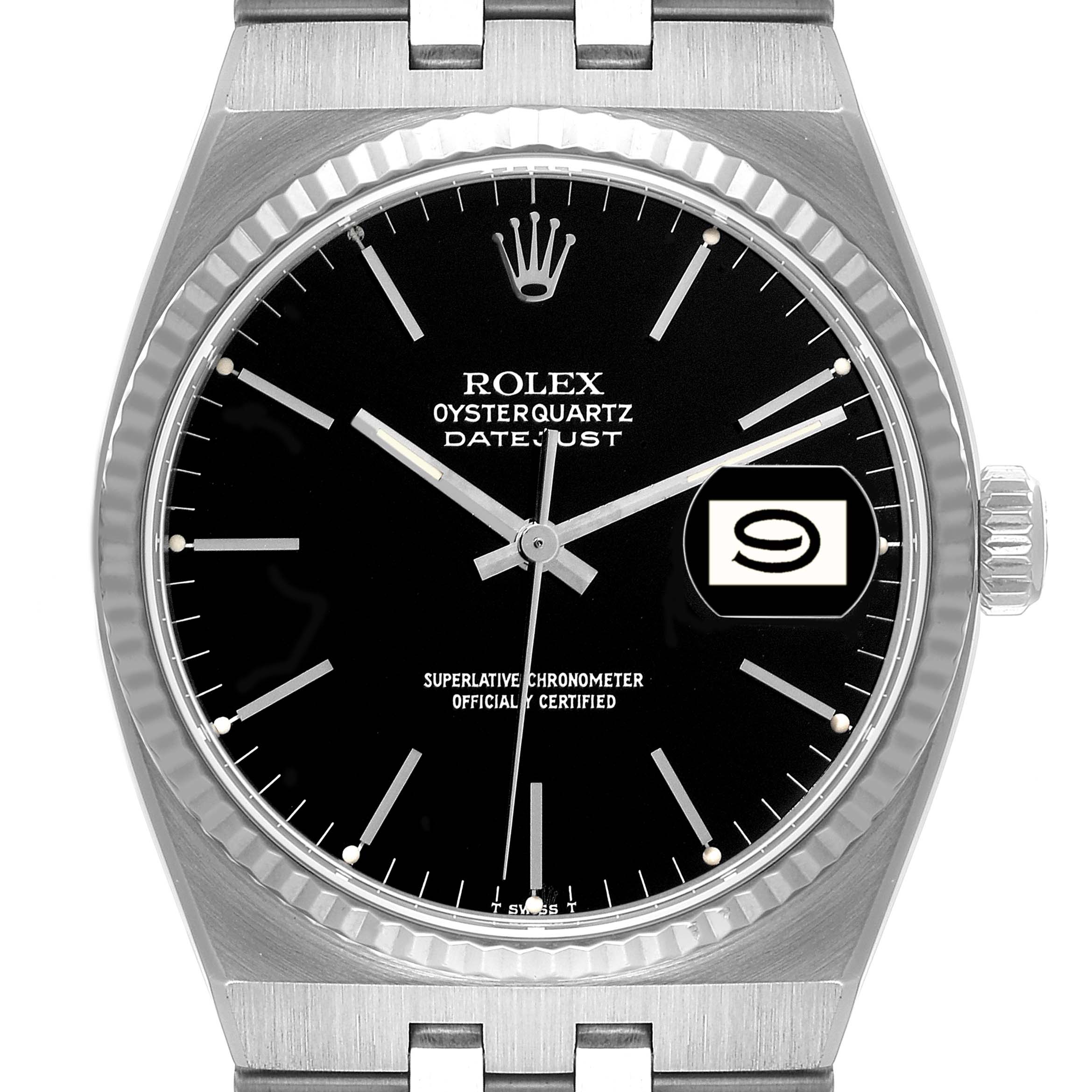 The image shows a front view of a Rolex Oysterquartz 17014 Men's Stainless Steel Black Dial 17014 Men's Stainless Steel Black Dial Datejust watch, focusing on the dial, hour markers, hands, and date display.