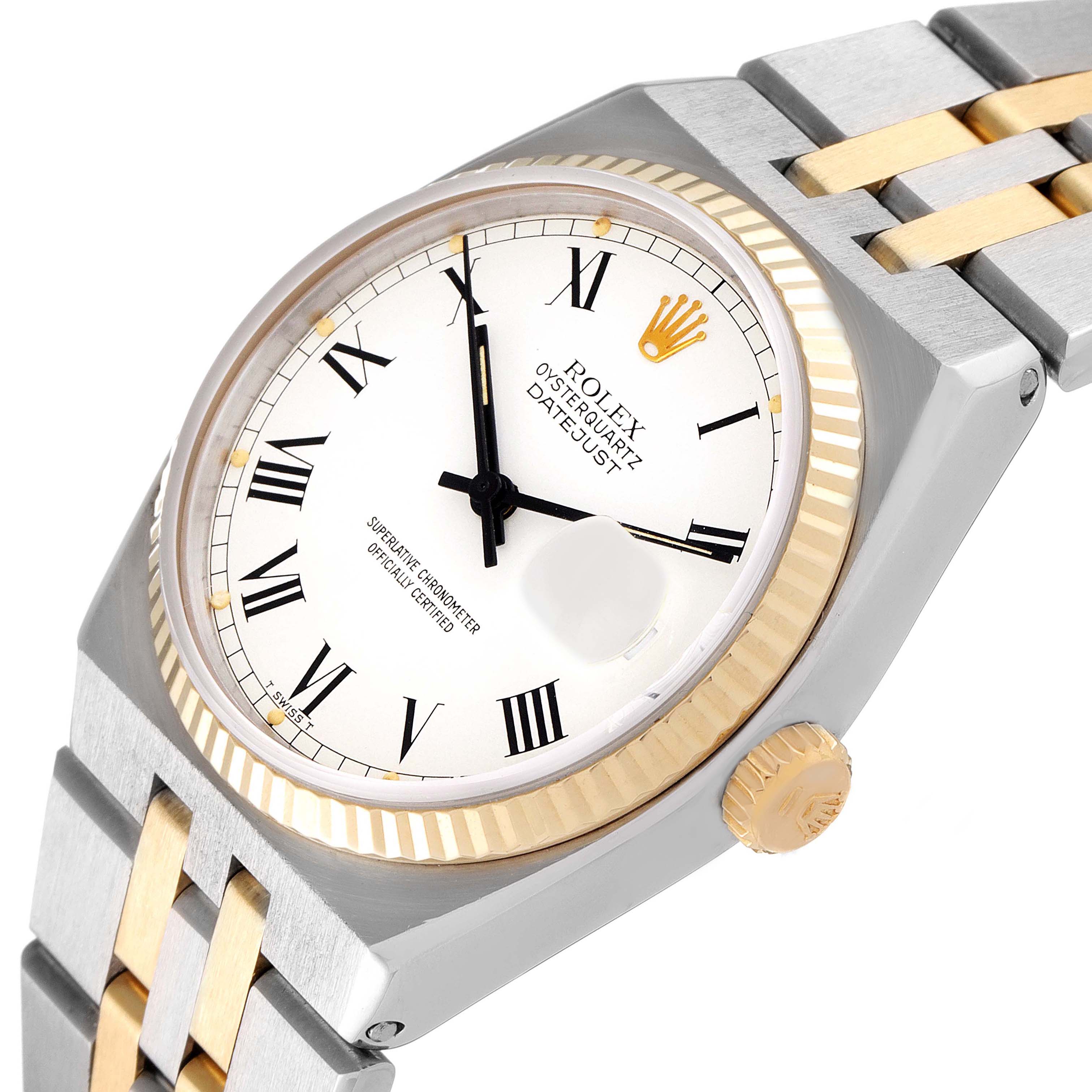 The Rolex Oysterquartz 17013 Men's Steel and Gold (two tone) White Dial 17013 Men's Steel and Gold (two tone) White Dial watch is shown at a slight angle, highlighting its dial, bezel, crown, and bracelet.