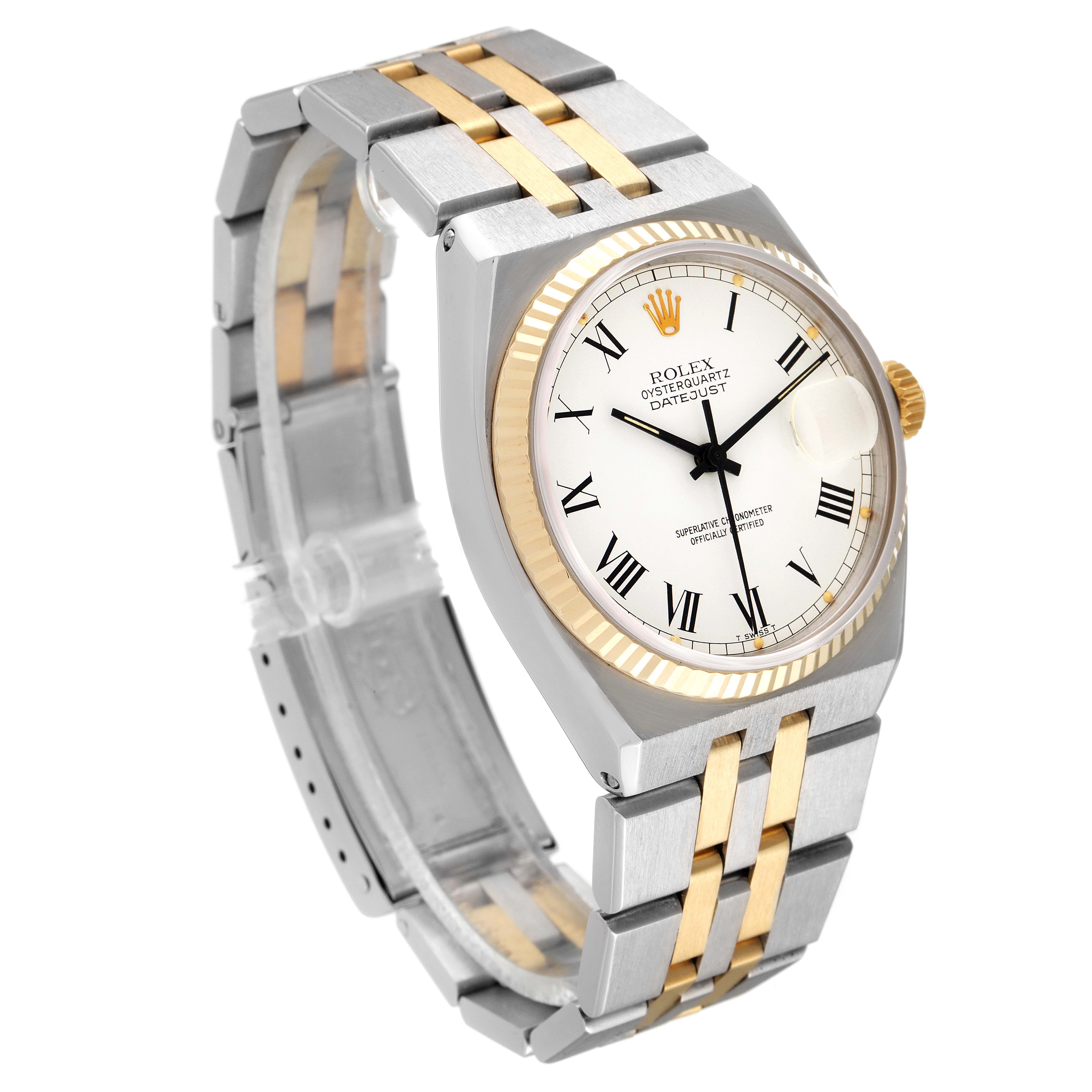 The Rolex Oysterquartz 17013 Men's Steel and Gold (two tone) White Dial 17013 Men's Steel and Gold (two tone) White Dial watch is shown at a three-quarter angle, highlighting the dial, bezel, and two-tone bracelet.