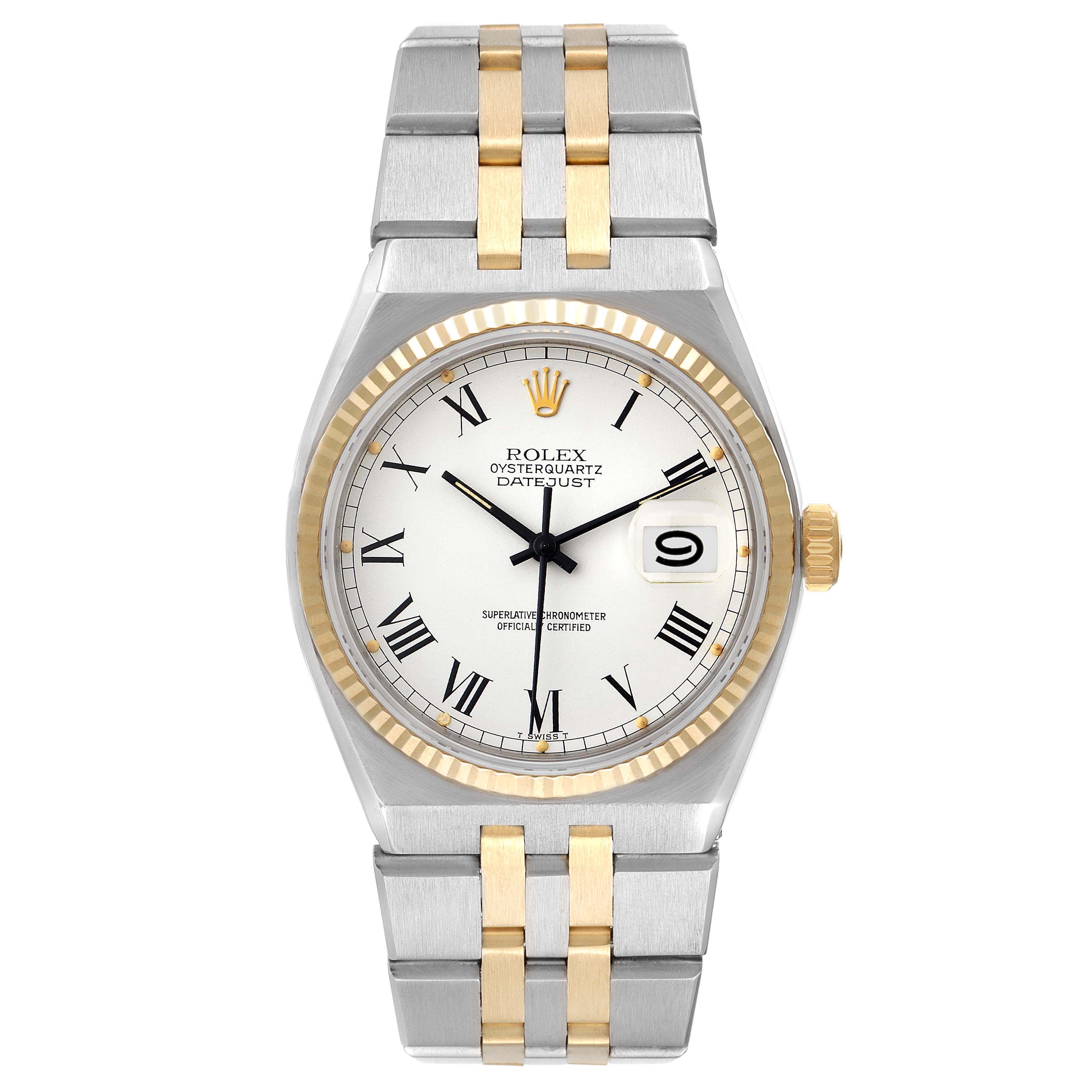 The Rolex Oysterquartz 17013 Men's Steel and Gold (two tone) White Dial 17013 Men's Steel and Gold (two tone) White Dial watch is shown from the front, displaying its dial, bezel, and bracelet.