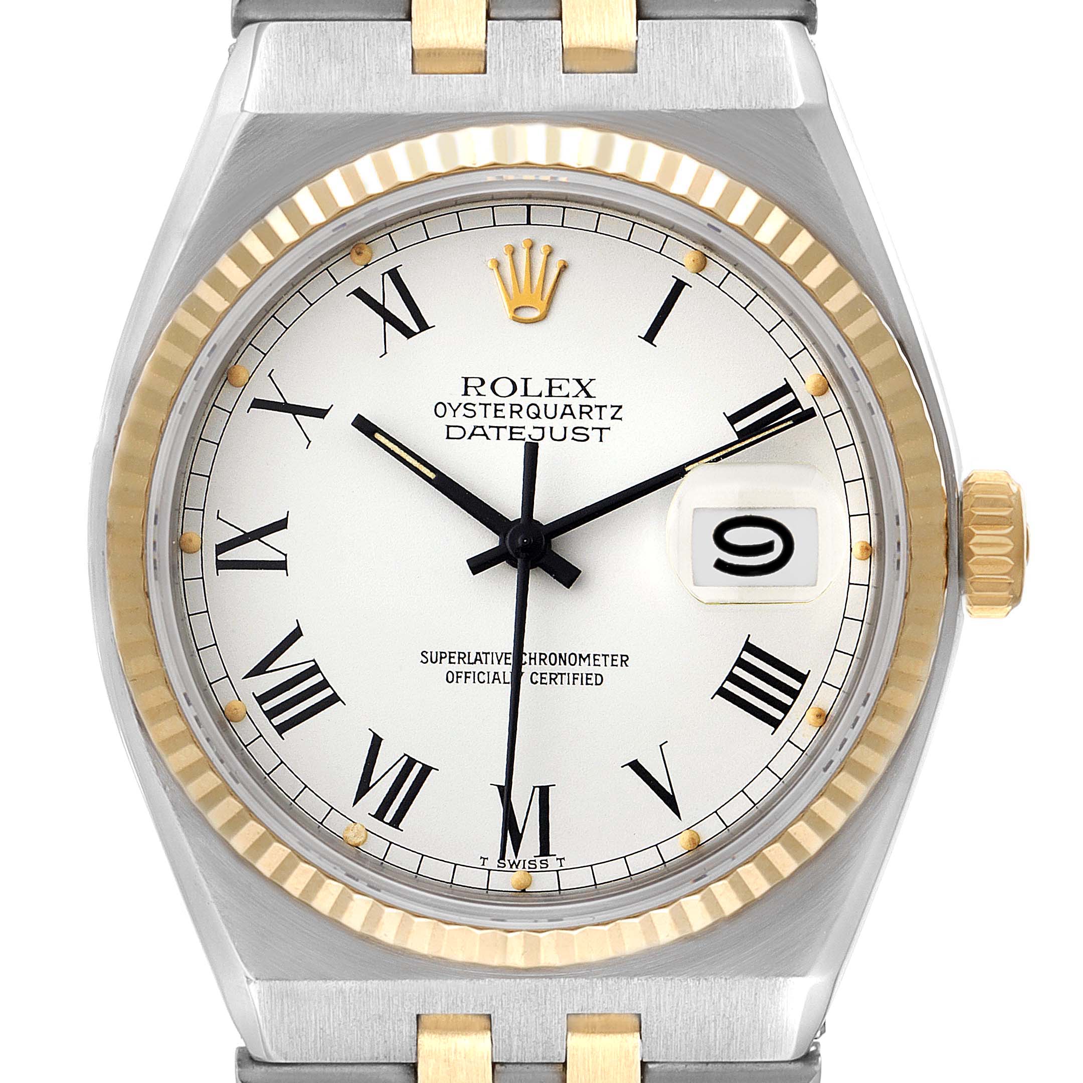 The Rolex Oysterquartz 17013 Men's Steel and Gold (two tone) White Dial 17013 Men's Steel and Gold (two tone) White Dial watch is shown from the front, highlighting the dial, bezel, hands, and crown.