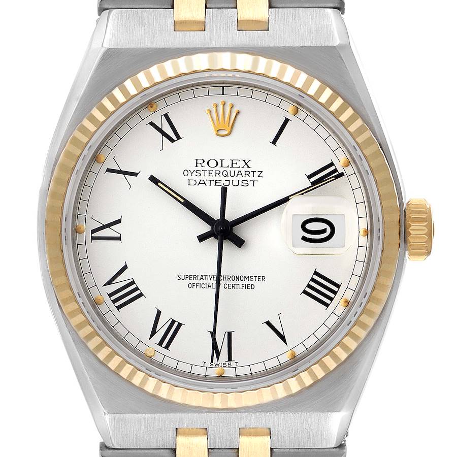 The Rolex Oysterquartz watch is shown from the front, highlighting the dial, bezel, hands, and crown.