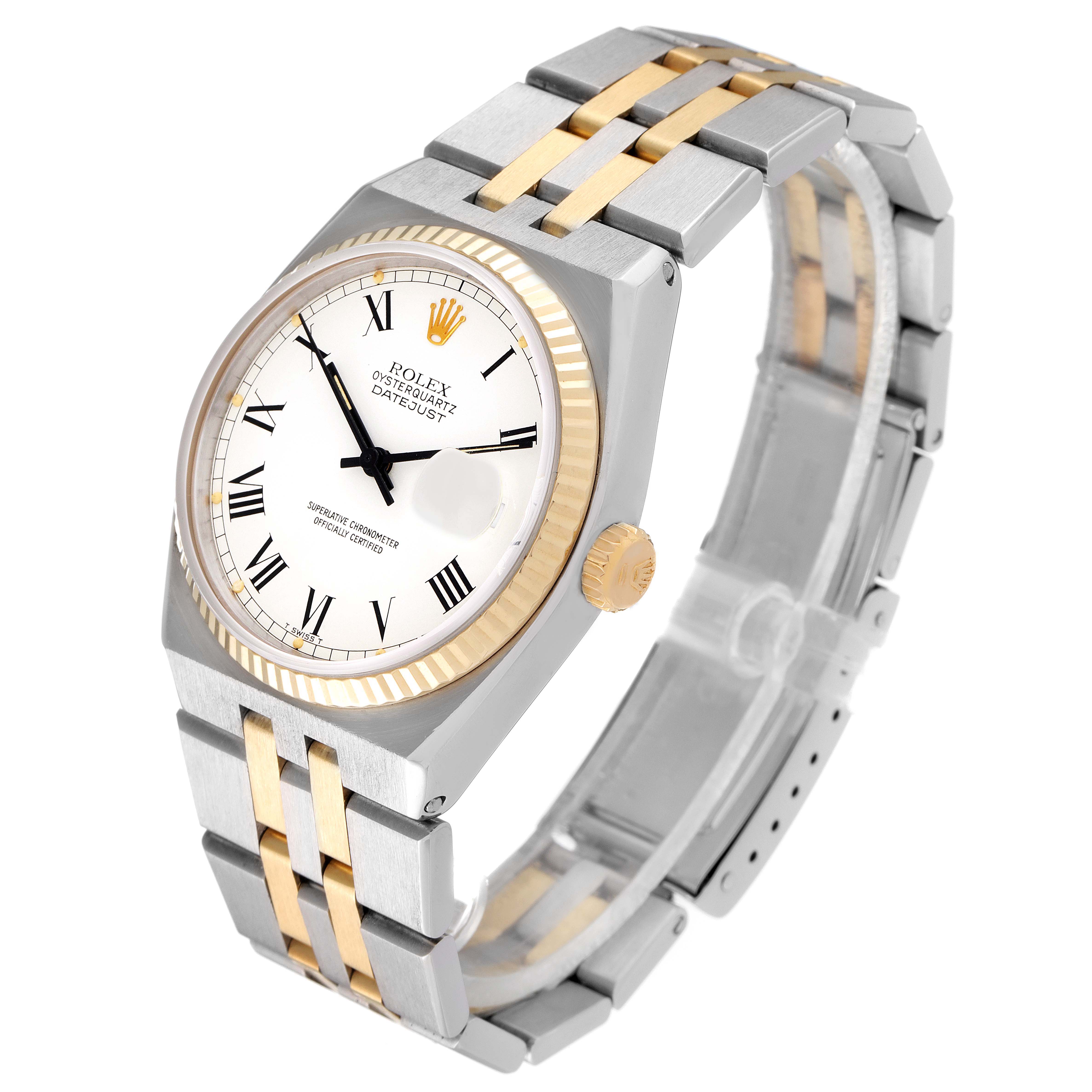 The Rolex Oysterquartz 17013 Men's Steel and Gold (two tone) White Dial 17013 Men's Steel and Gold (two tone) White Dial watch is shown at a three-quarter angle, displaying the face, case, bezel, and bracelet.