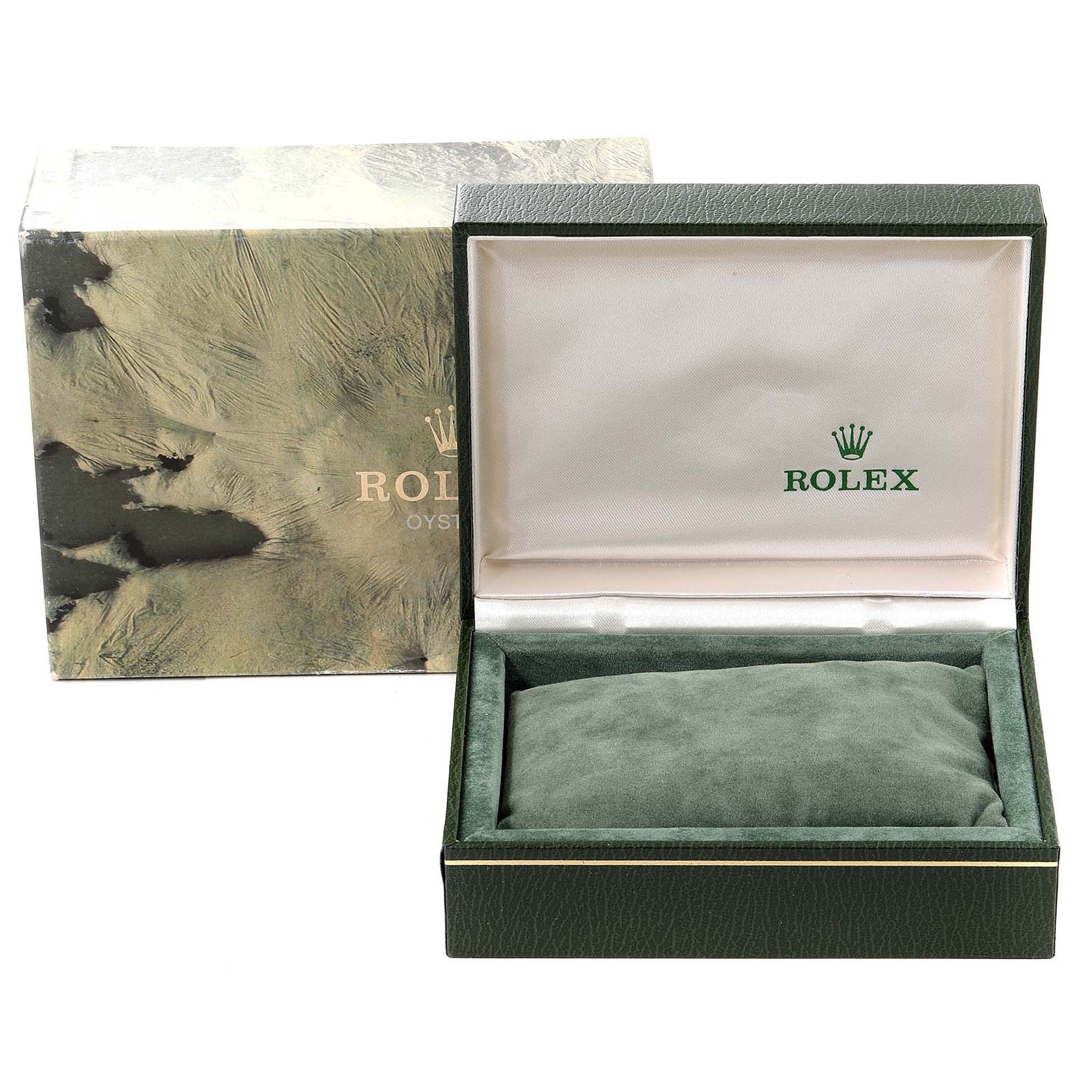 The image shows an open Rolex Oysterquartz 17013 Men's Steel and Gold (two tone) White Dial 17013 Men's Steel and Gold (two tone) White Dial watch box and its outer packaging from a front angle.