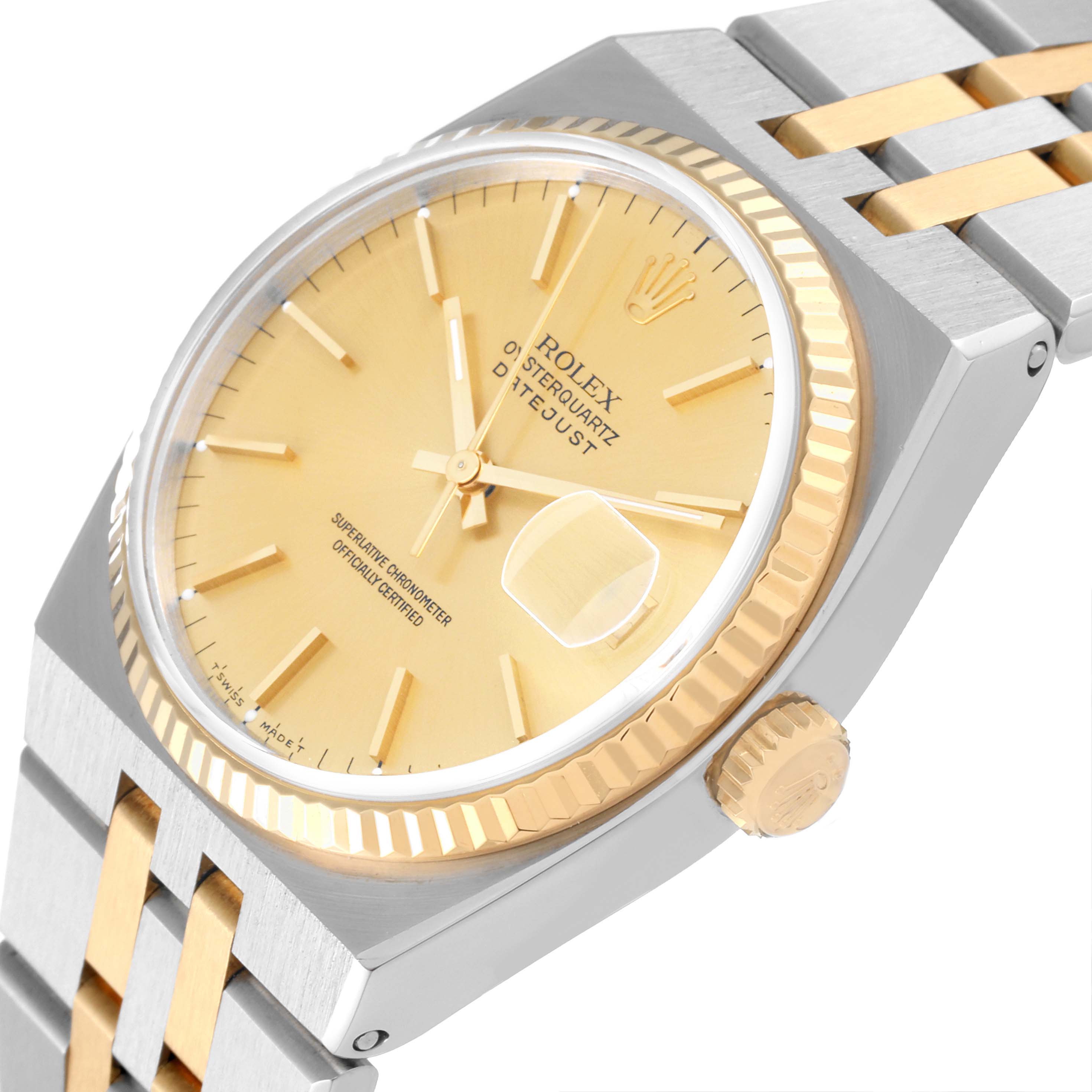This image shows a Rolex Oysterquartz 17013 Men
s Steel and Gold (two tone) Champagne Dial 17013 Men
s Steel and Gold (two tone) Champagne Dial watch at an angle highlighting the dial, bezel, case, crown, and part of the bracelet.