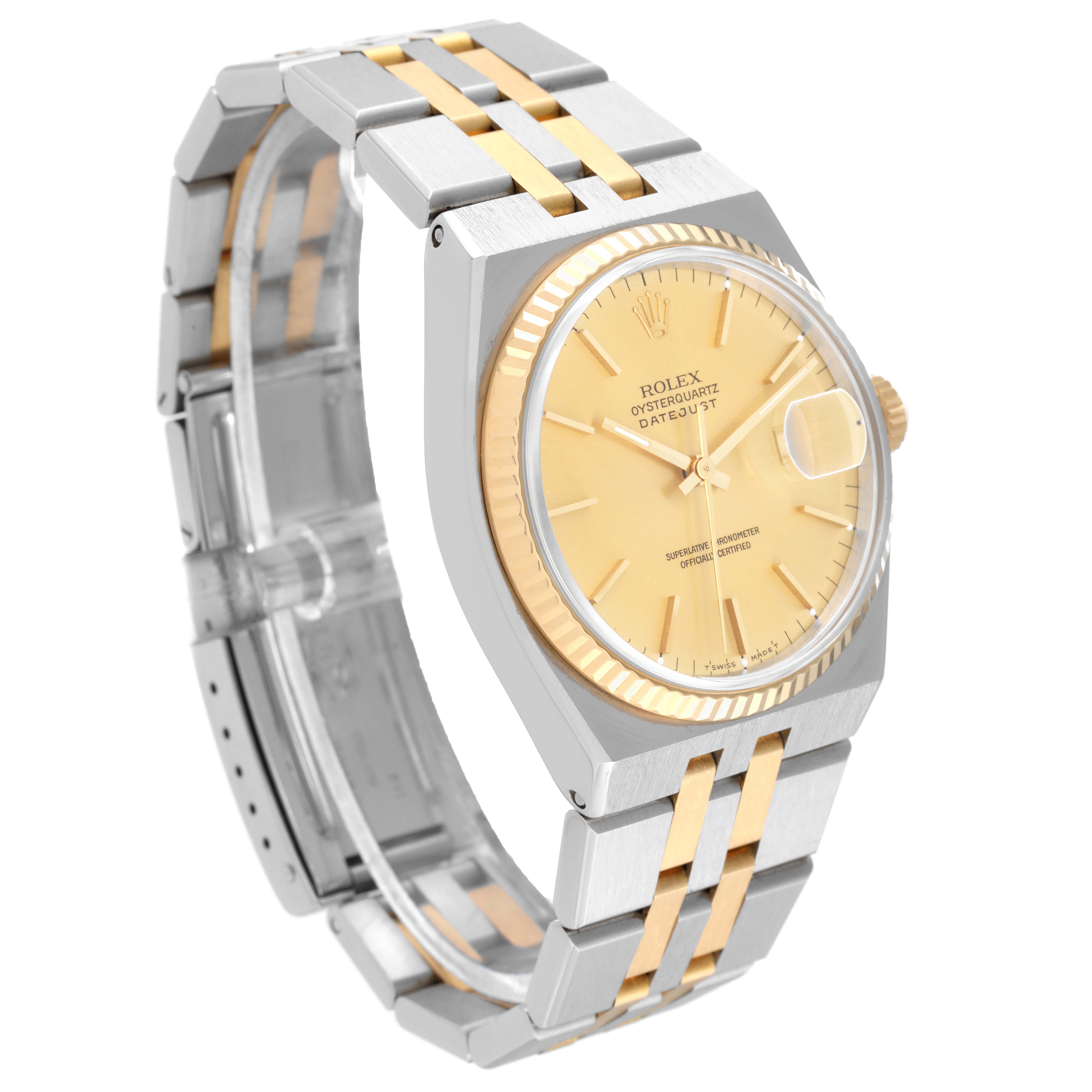 The Rolex Oysterquartz 17013 Men
s Steel and Gold (two tone) Champagne Dial 17013 Men
s Steel and Gold (two tone) Champagne Dial watch is shown at a three-quarter angle, displaying the dial, bracelet, and case.