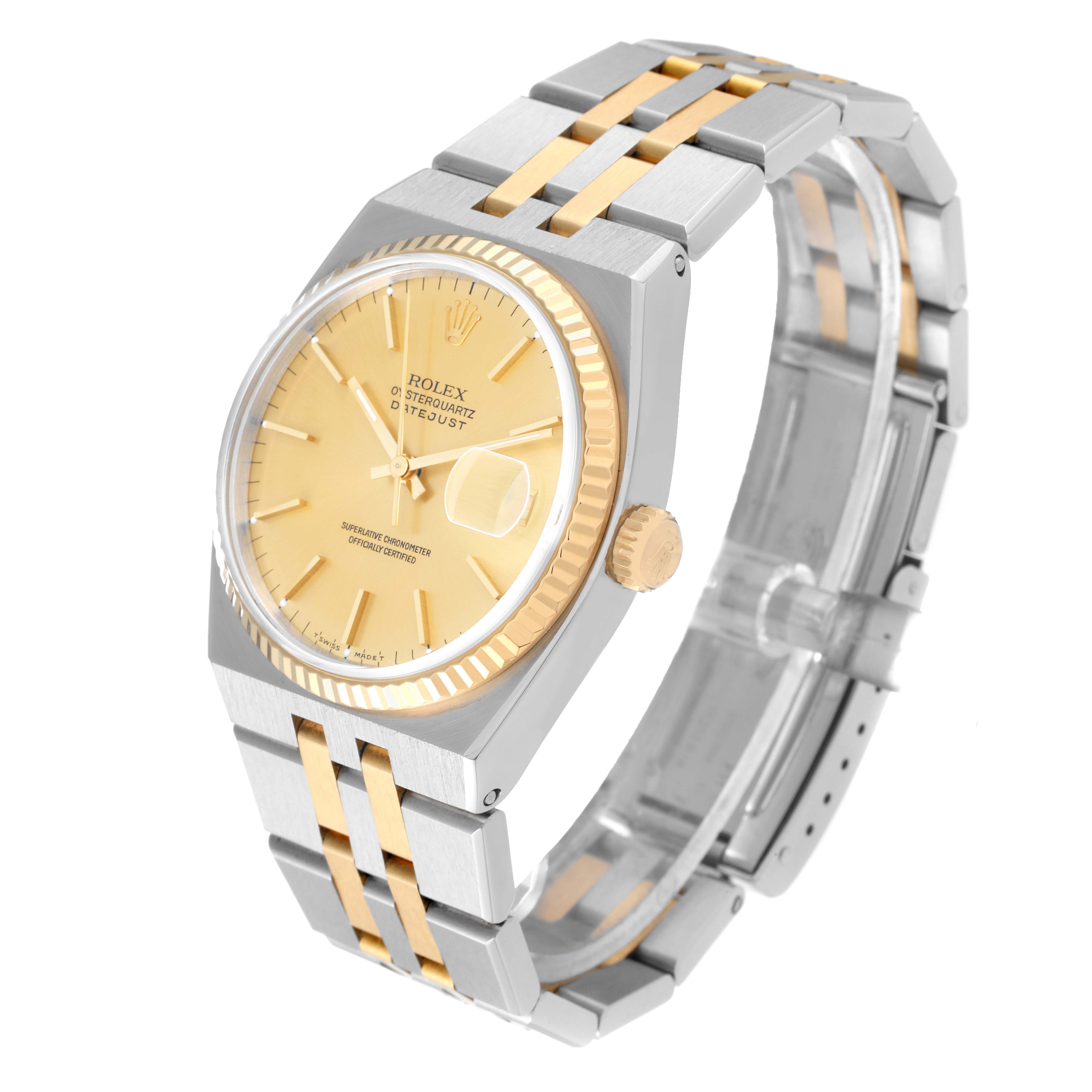 This Rolex Oysterquartz 17013 Men
s Steel and Gold (two tone) Champagne Dial 17013 Men
s Steel and Gold (two tone) Champagne Dial watch is shown from a three-quarter angle, highlighting its gold dial, crown, and two-tone bracelet.